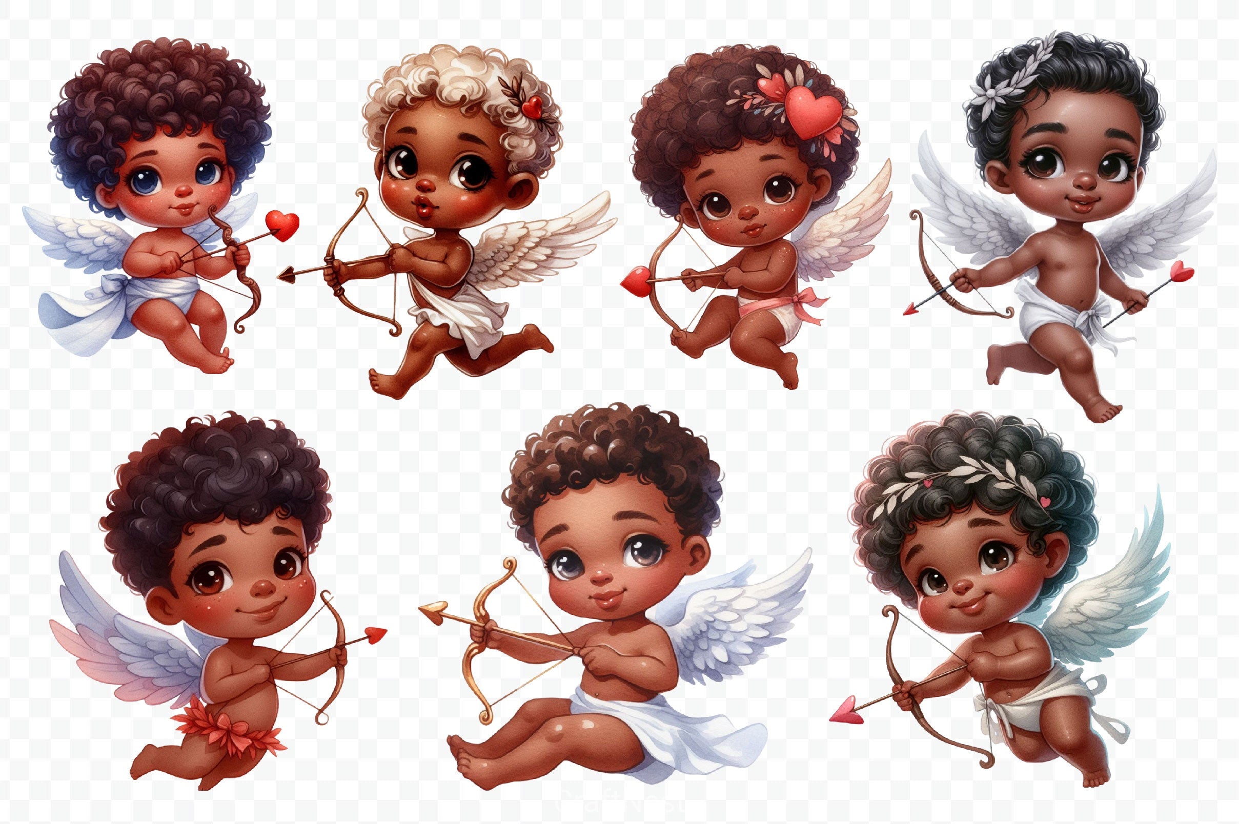 Cute African American Cupid Clipart Bundle
