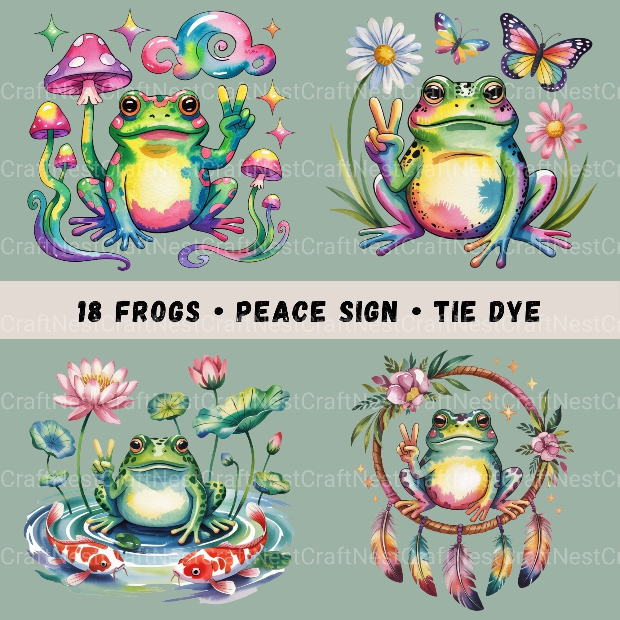 Peace Sign Frogs 18 Clipart Bundle