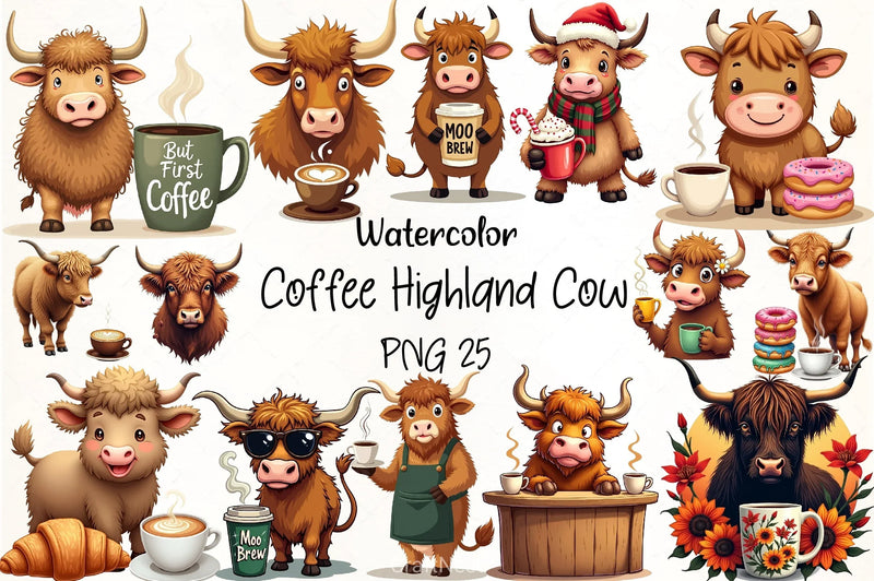 Highland Cow Coffee Clipart Bundle - CraftNest - Digital Crafting and Art
