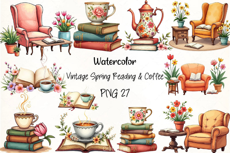 Vintage Spring Reading & Coffee Clipart Bundle - CraftNest - Digital Crafting and Art