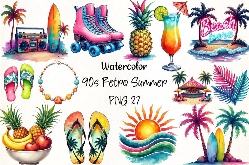 90s Retro Summer Clipart Bundle - CraftNest - Digital Crafting and Art