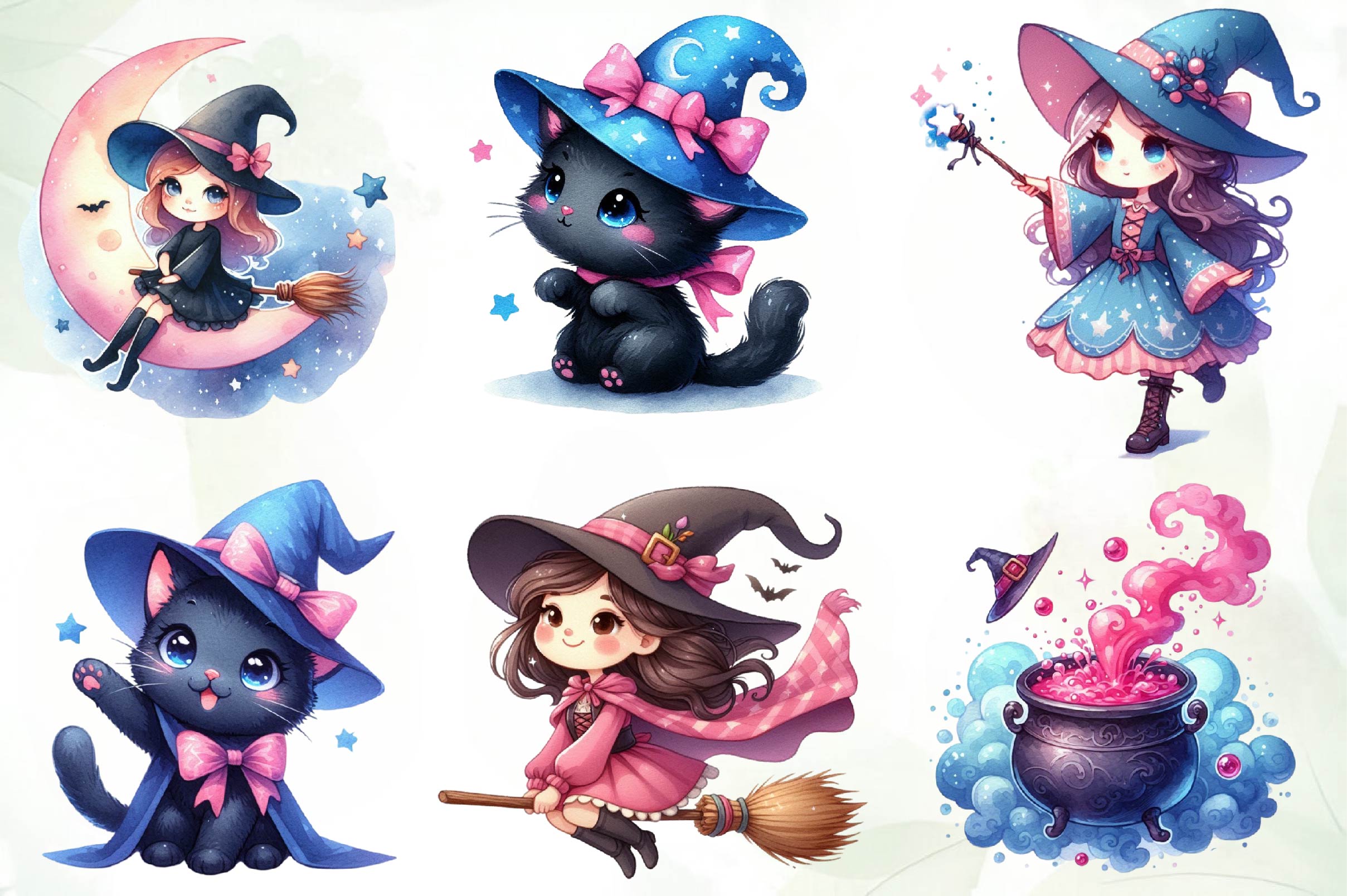 Cute Blue & Pink Witch Clipart Bundle - CraftNest - Digital Crafting and Art