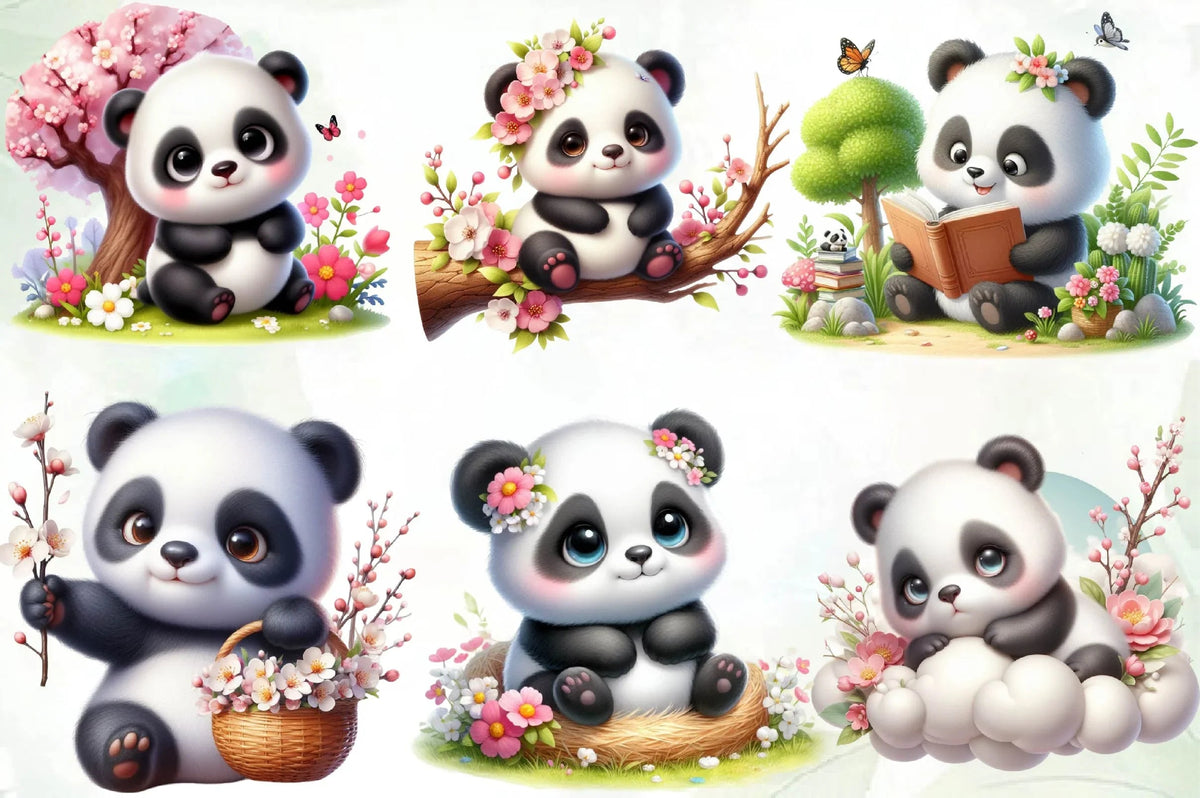 Springtime Panda Cute Spring Panda Clipart Bundle
