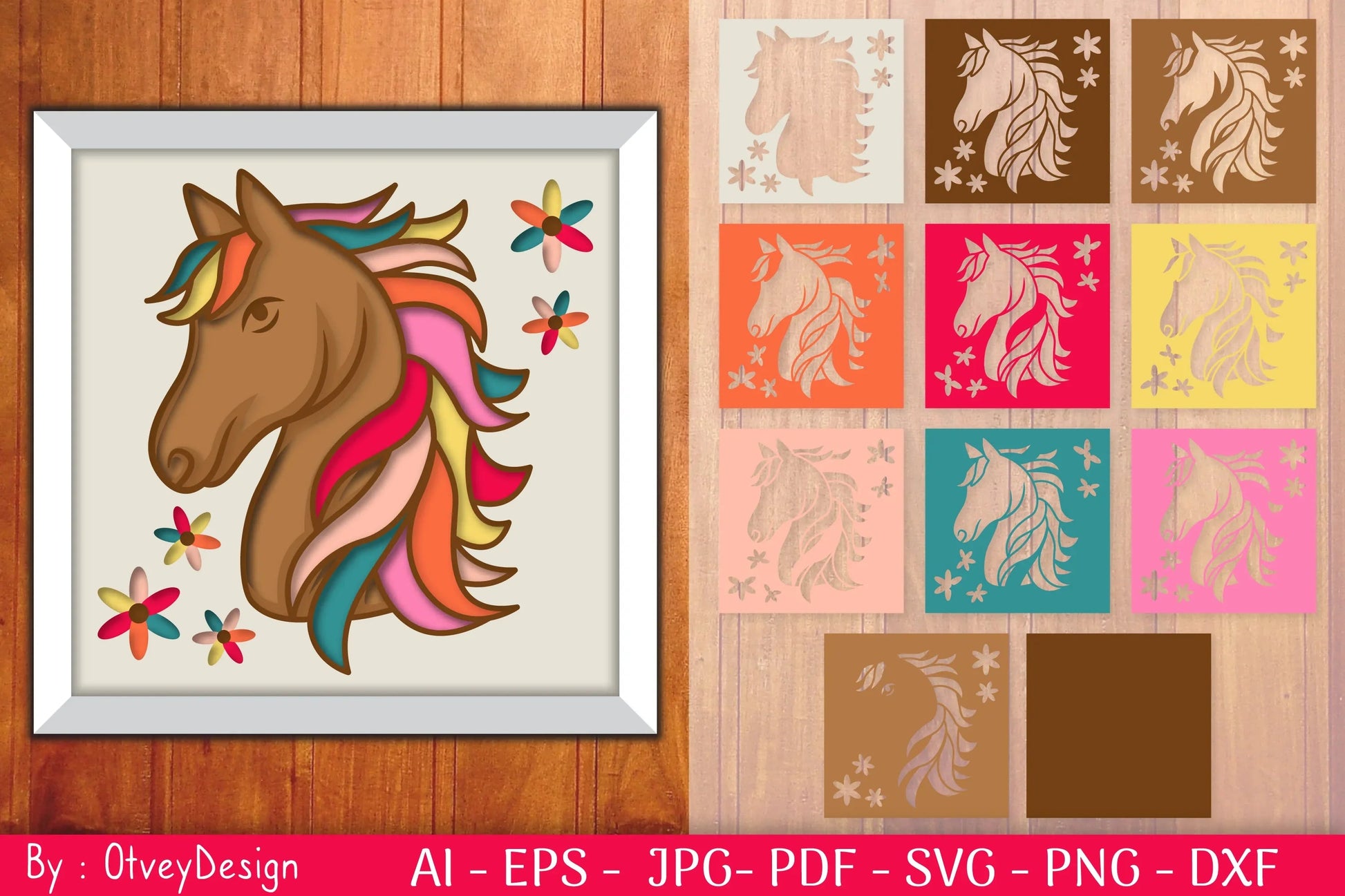 3D Colorful Horse Design Shadow Box SVG Bundle - CraftNest - Digital Crafting and Art