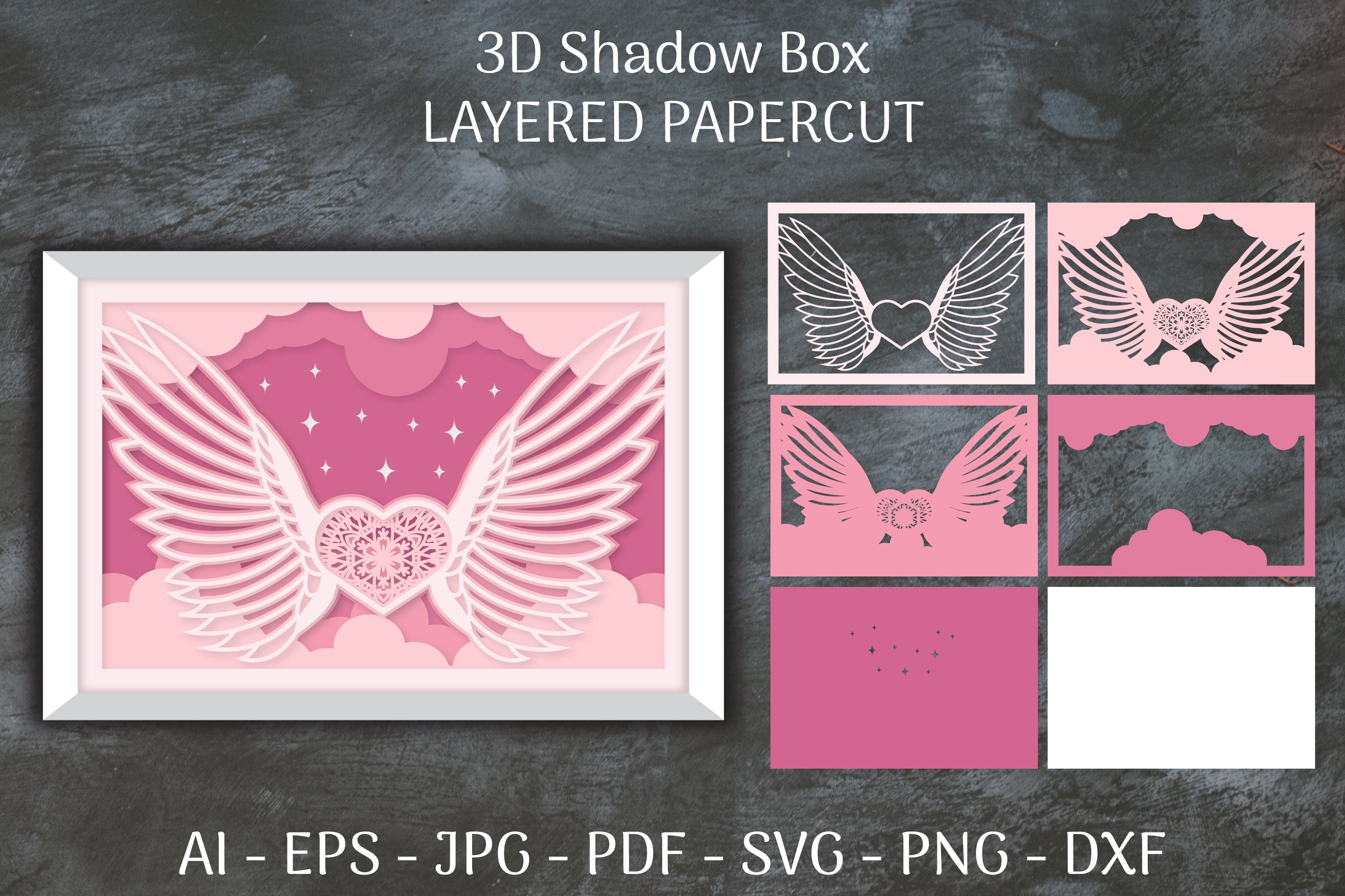 3D Shadow Box Love Angel Wings Layered Papercut SVG Bundle 26 - CraftNest - Digital Crafting and Art