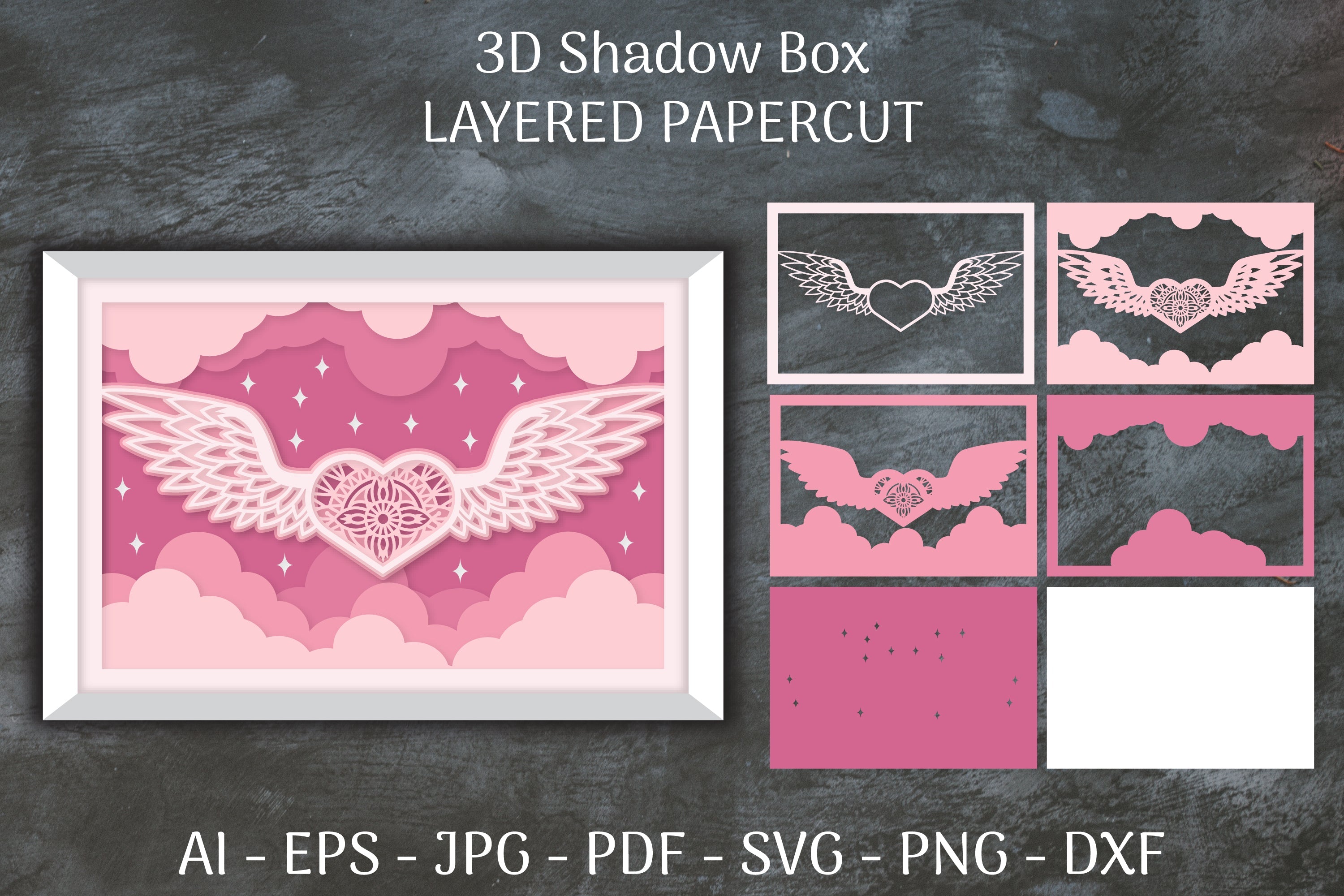 3D Shadow Box Love Angel Wings Layered Papercut SVG Bundle - CraftNest - Digital Crafting and Art