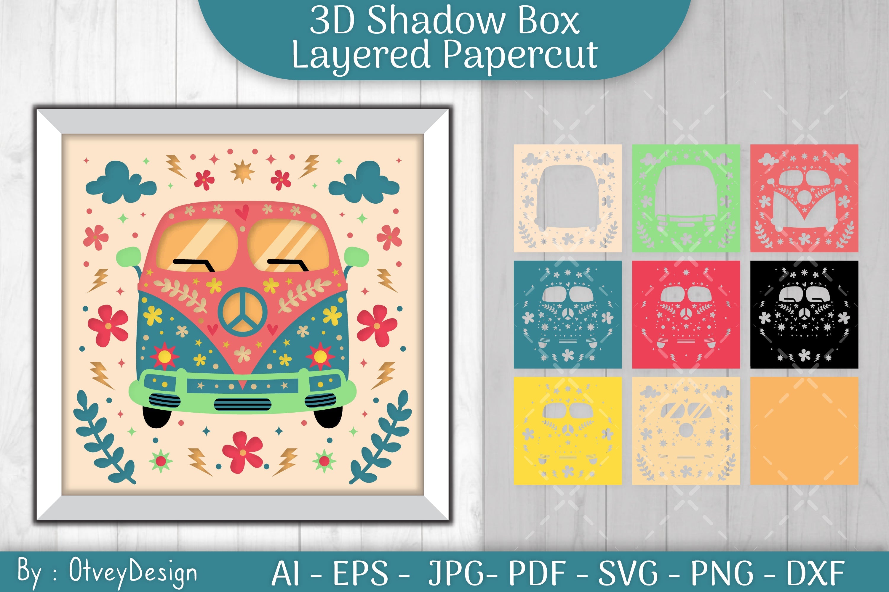 3D ShadowBox Hippie SVG Layered Papercut Bundle