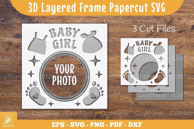3D Layered Baby Girl Papercut Frame Clipart Bundle - CraftNest - Digital Crafting and Art