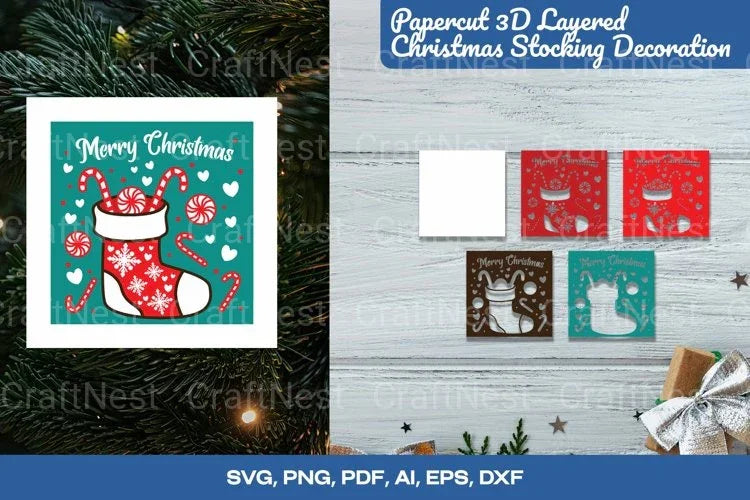 3D Shadow Box Layered Christmas Stocking Decoration Clipart Bundle - CraftNest - Digital Crafting and Art