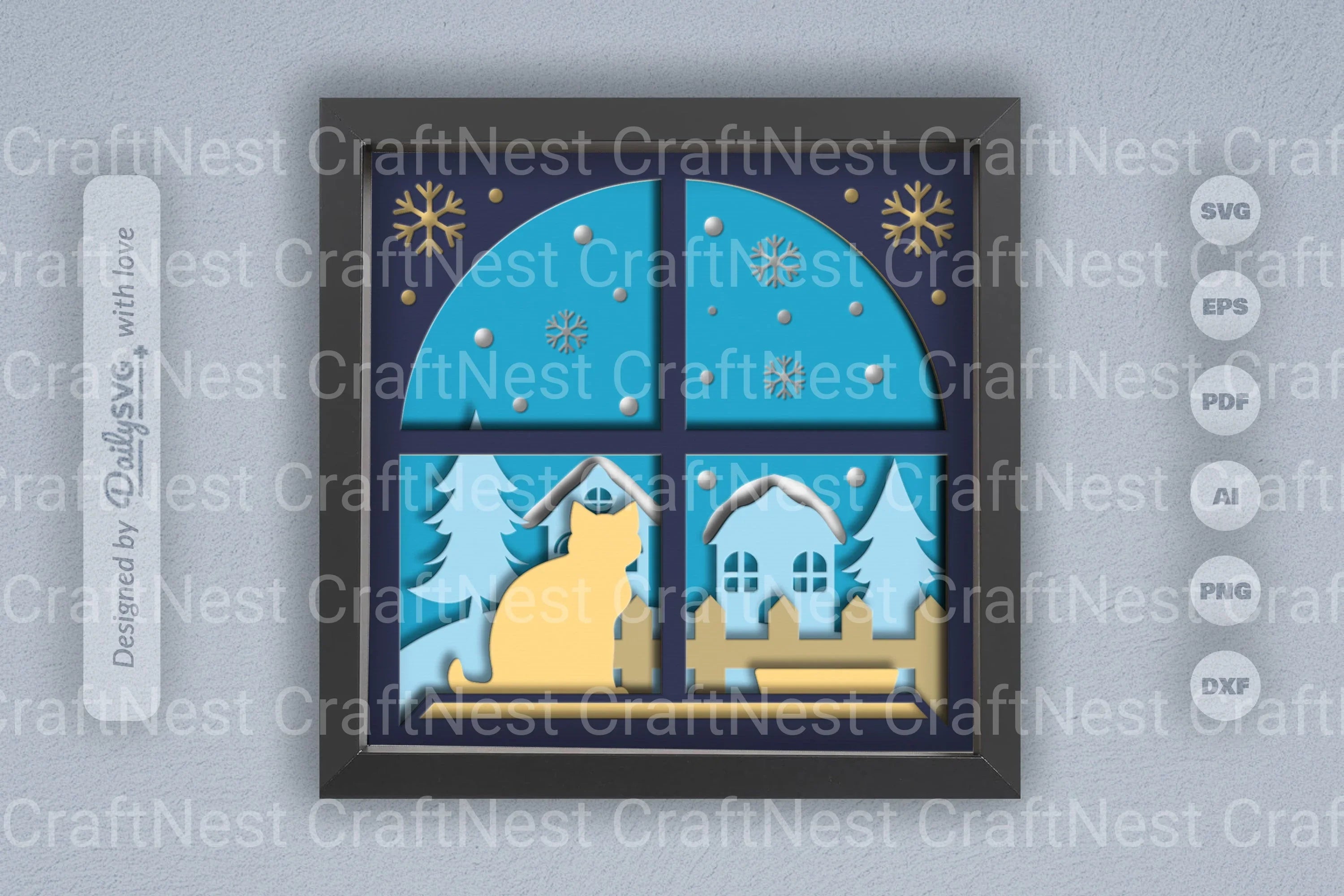 3D Winter Cat on Windows Papercut SVG Bundle