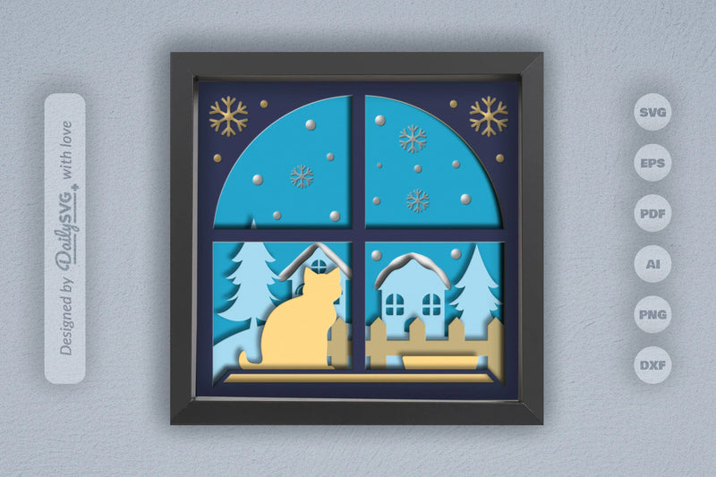 3D Winter Cat on Windows Papercut SVG Bundle - CraftNest - Digital Crafting and Art