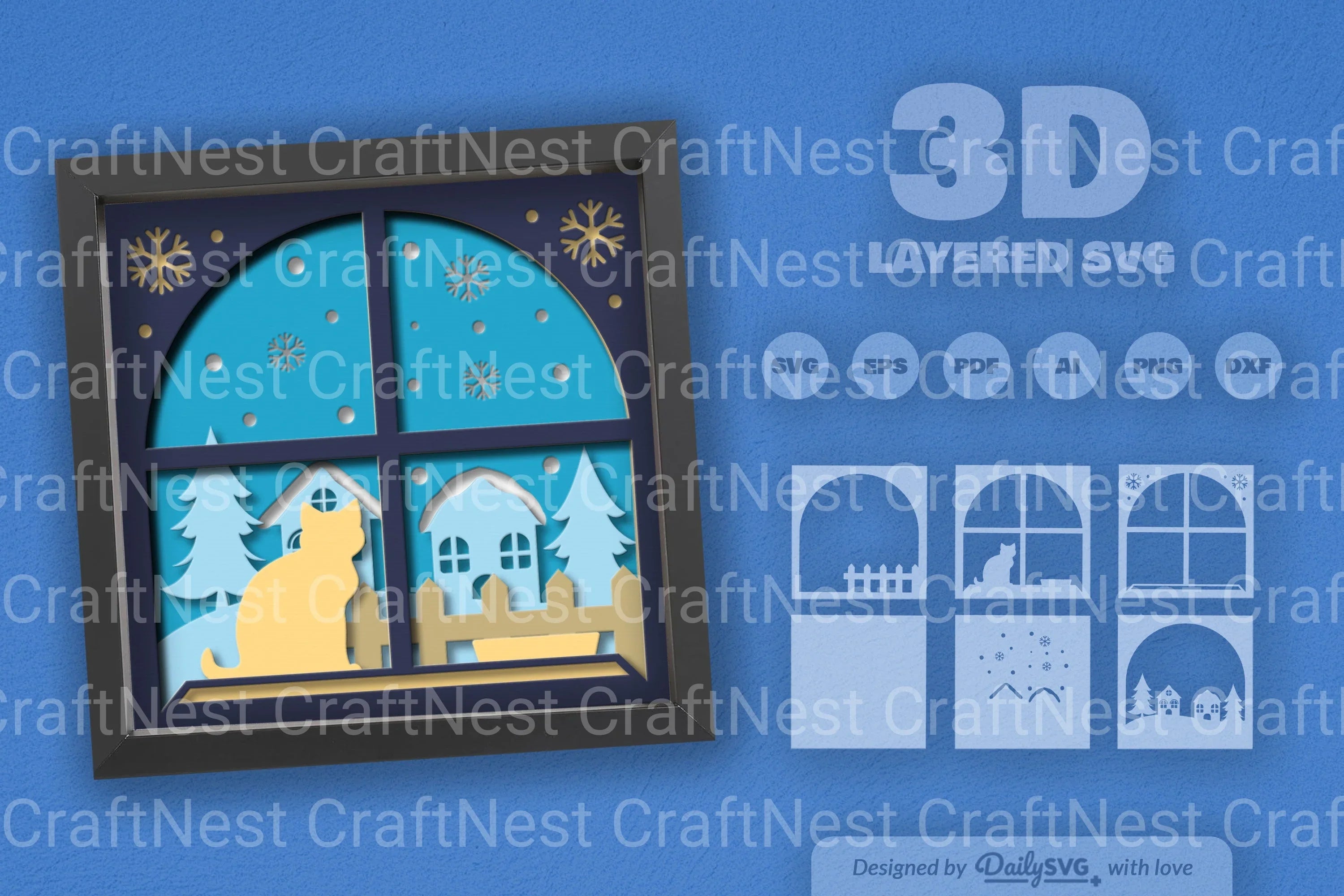 3D Winter Cat on Windows Papercut SVG Bundle