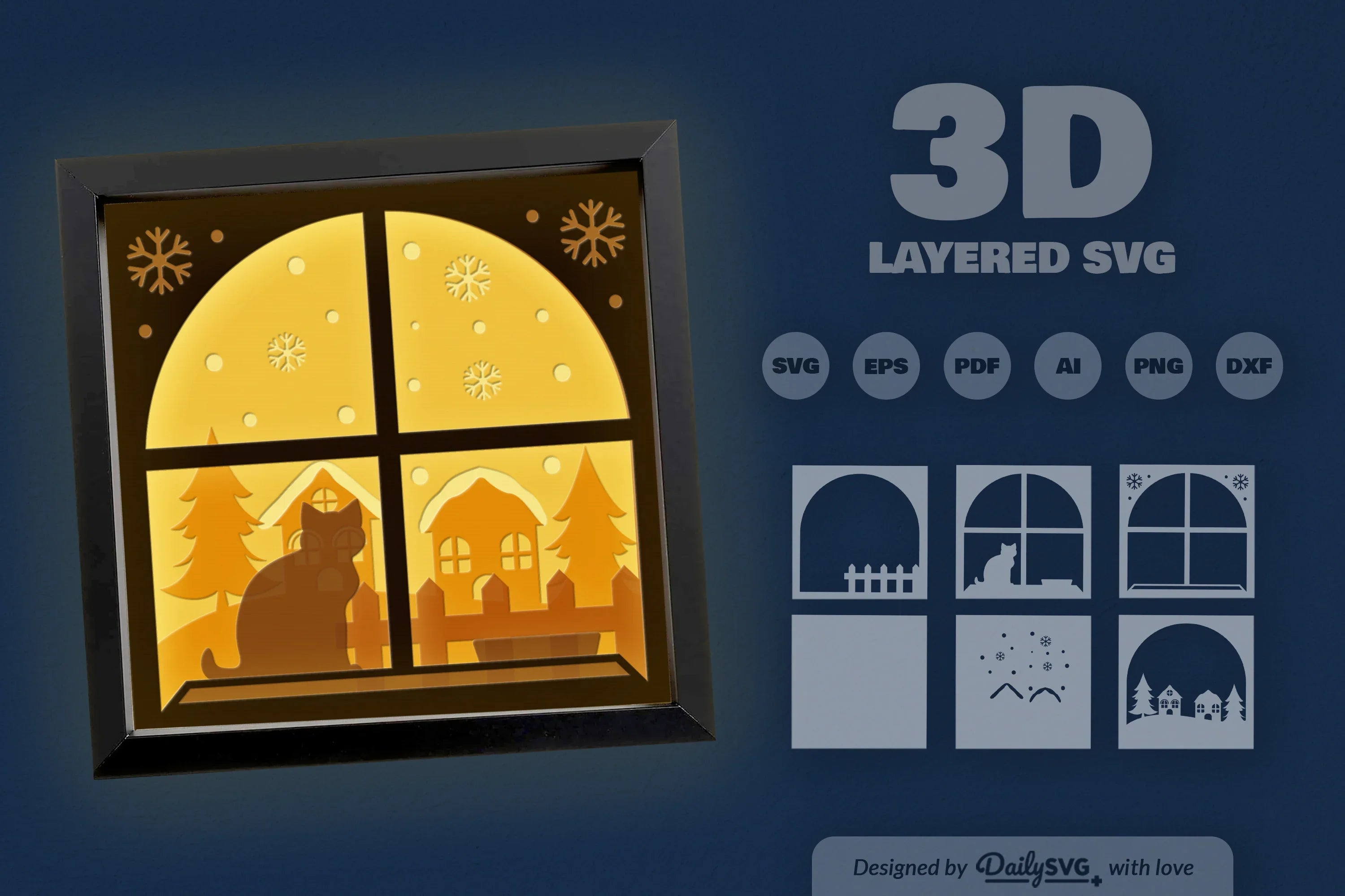 3D Winter Cat on Windows Papercut SVG Bundle - CraftNest - Digital Crafting and Art