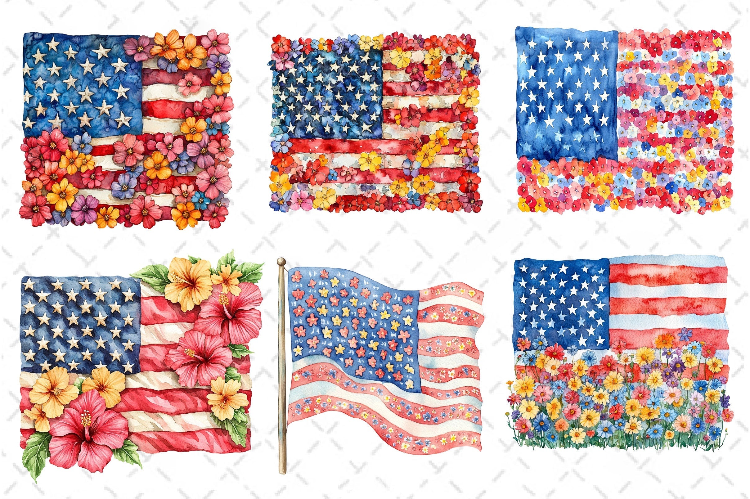 Floral American Flag Clipart Bundle
