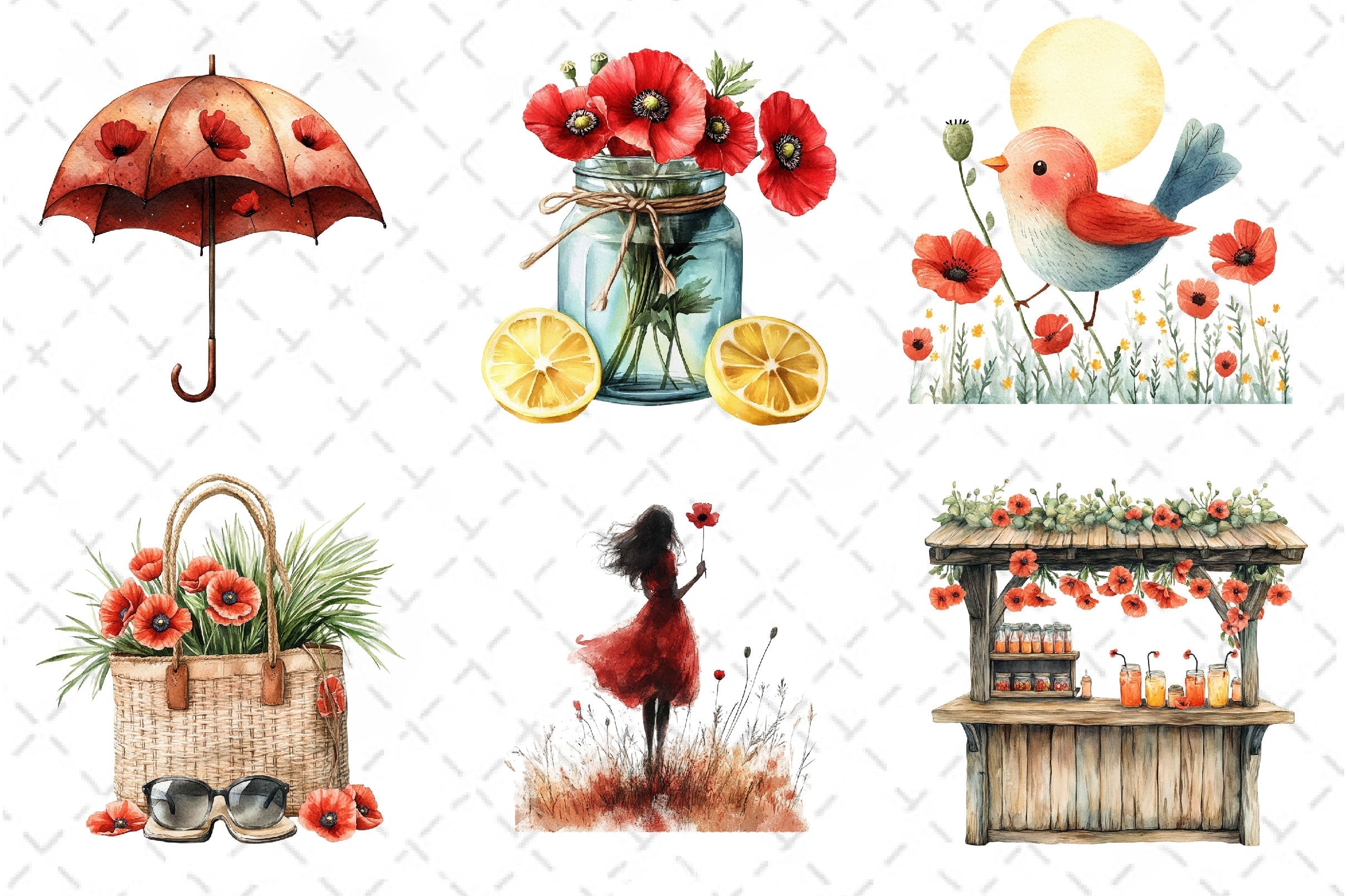 Summer With Poppy Flowers Clipart Bundle