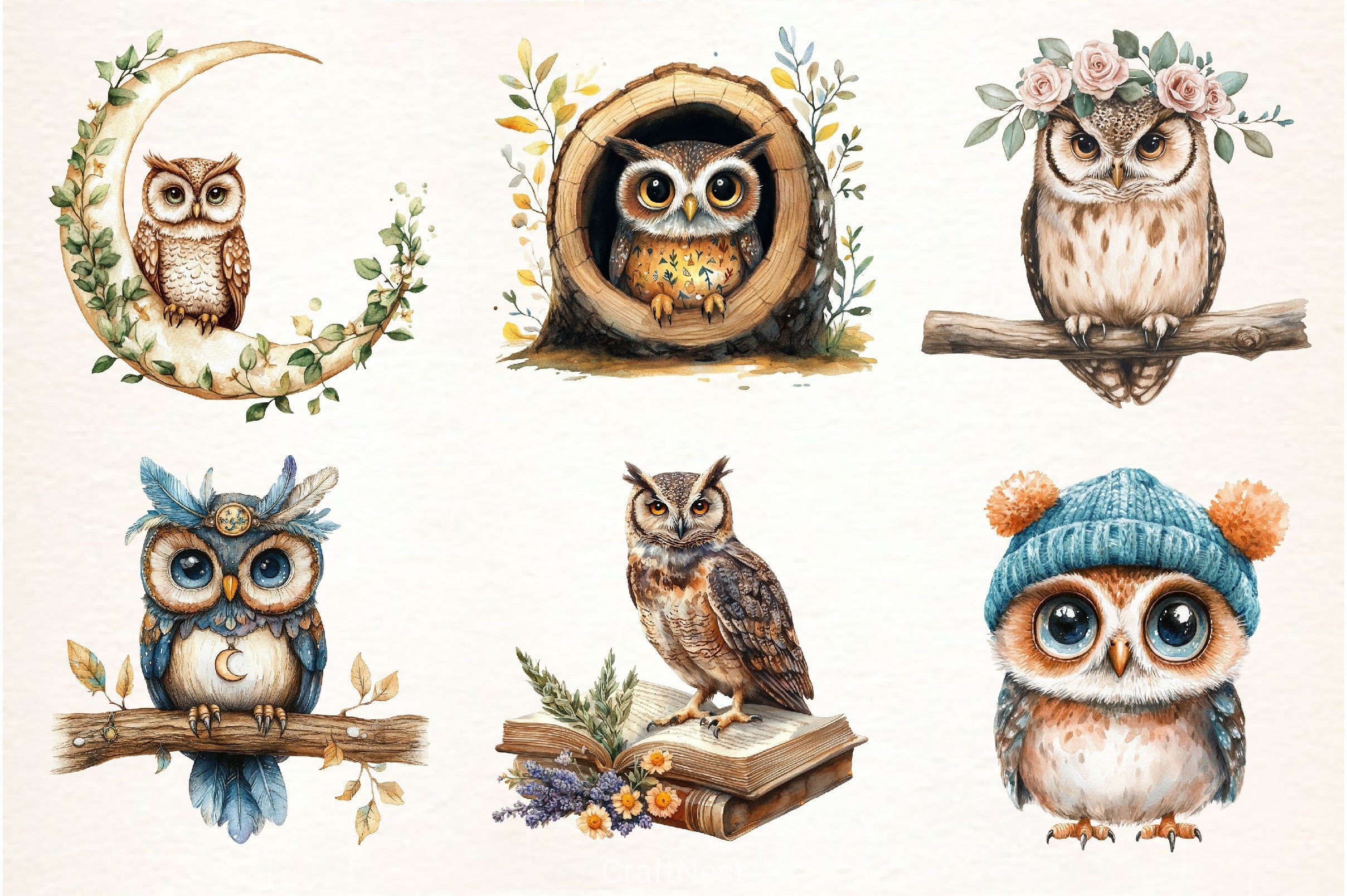 Boho Owl Clipart Bundle