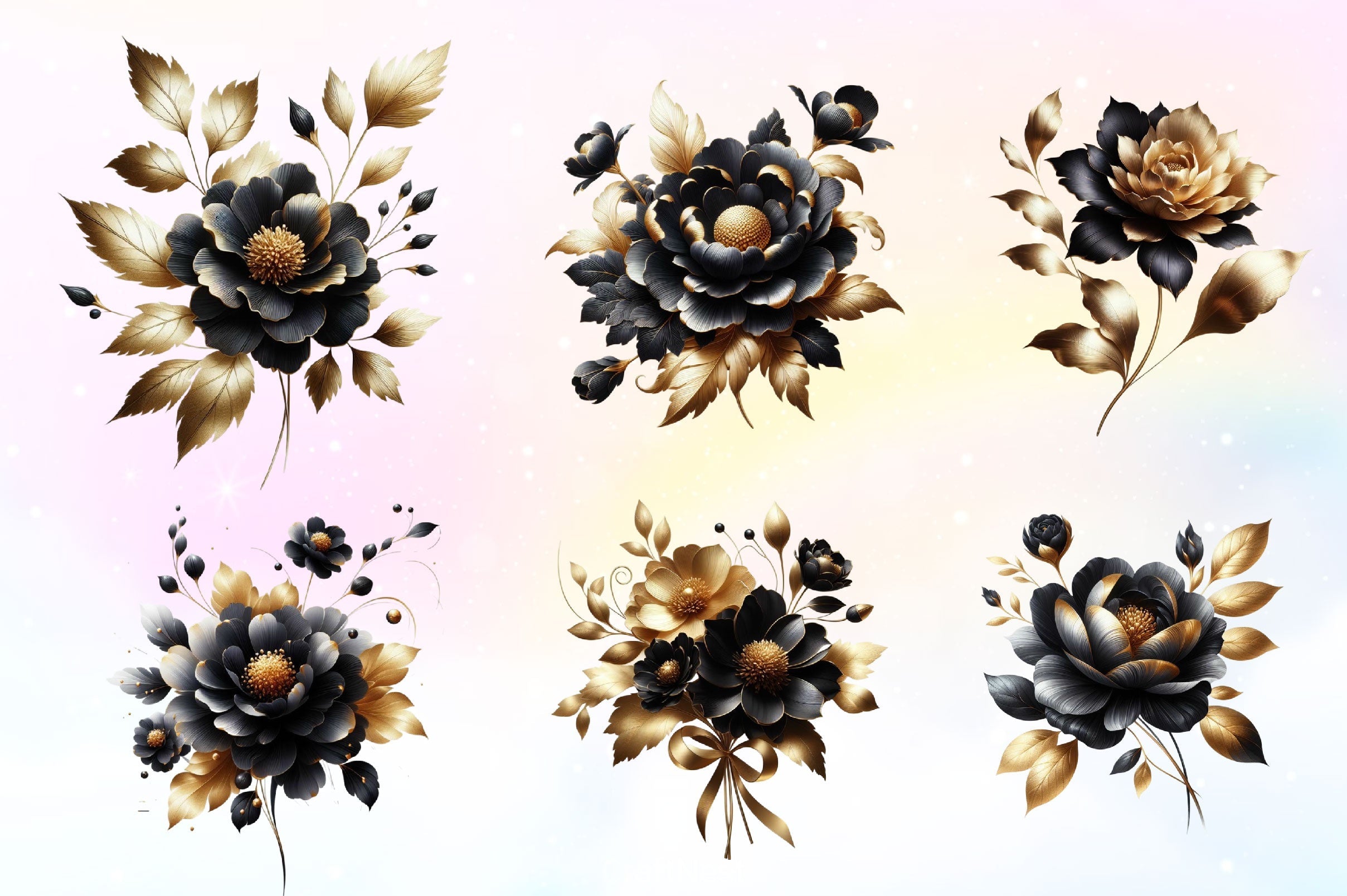 Abstract Black Gold Flower Clipart Bundle