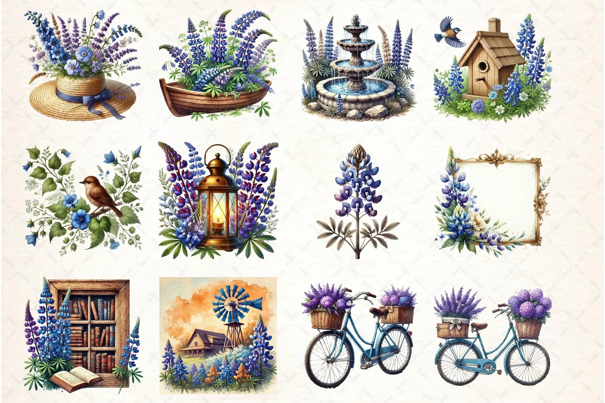 Vintage Blue Bonnet Flowers Clipart Bundle - CraftNest - Digital Crafting and Art