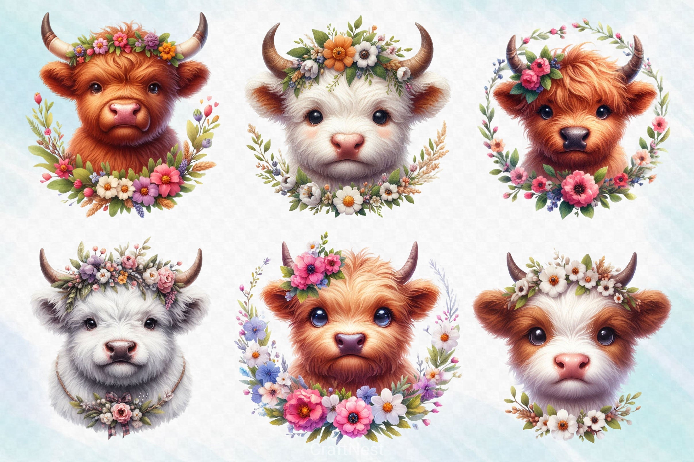 Highland Cow Flower Clipart Bundle