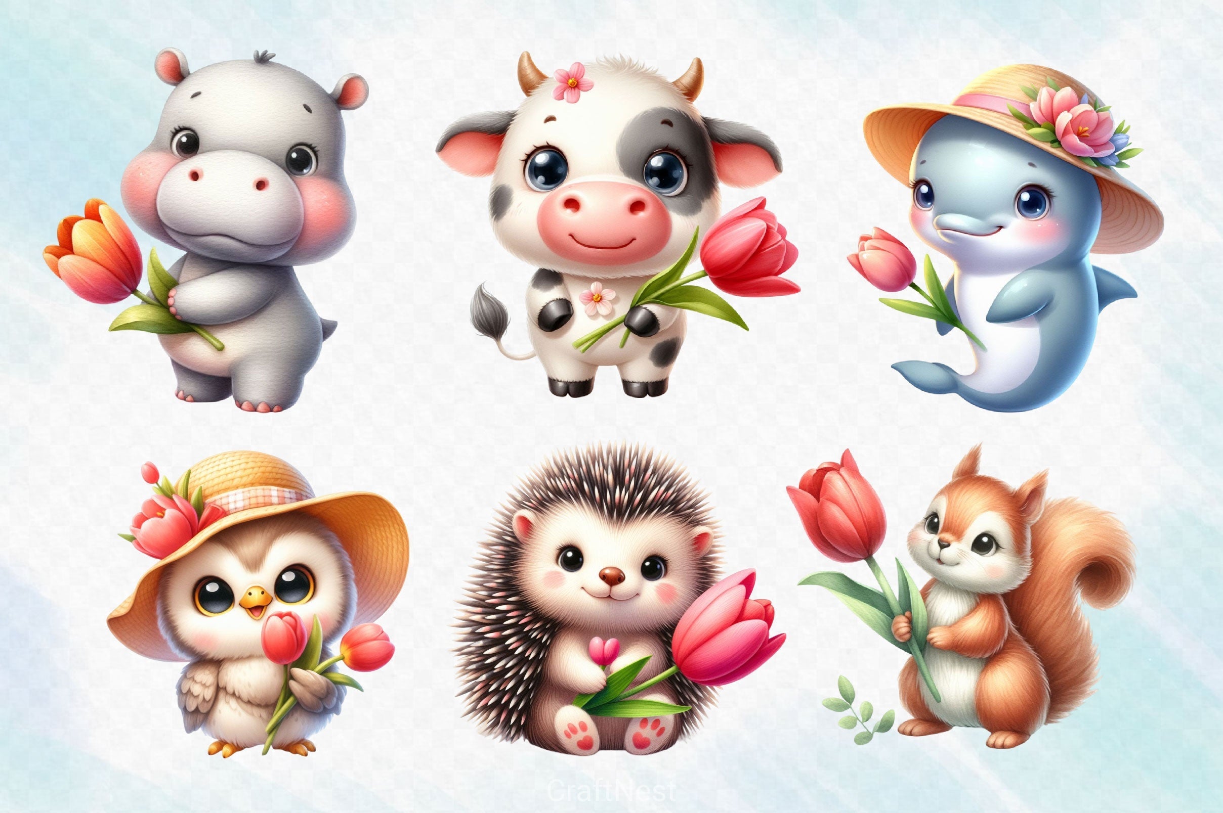 Cute Animals And Tulip Flower Clipart Bundle 2