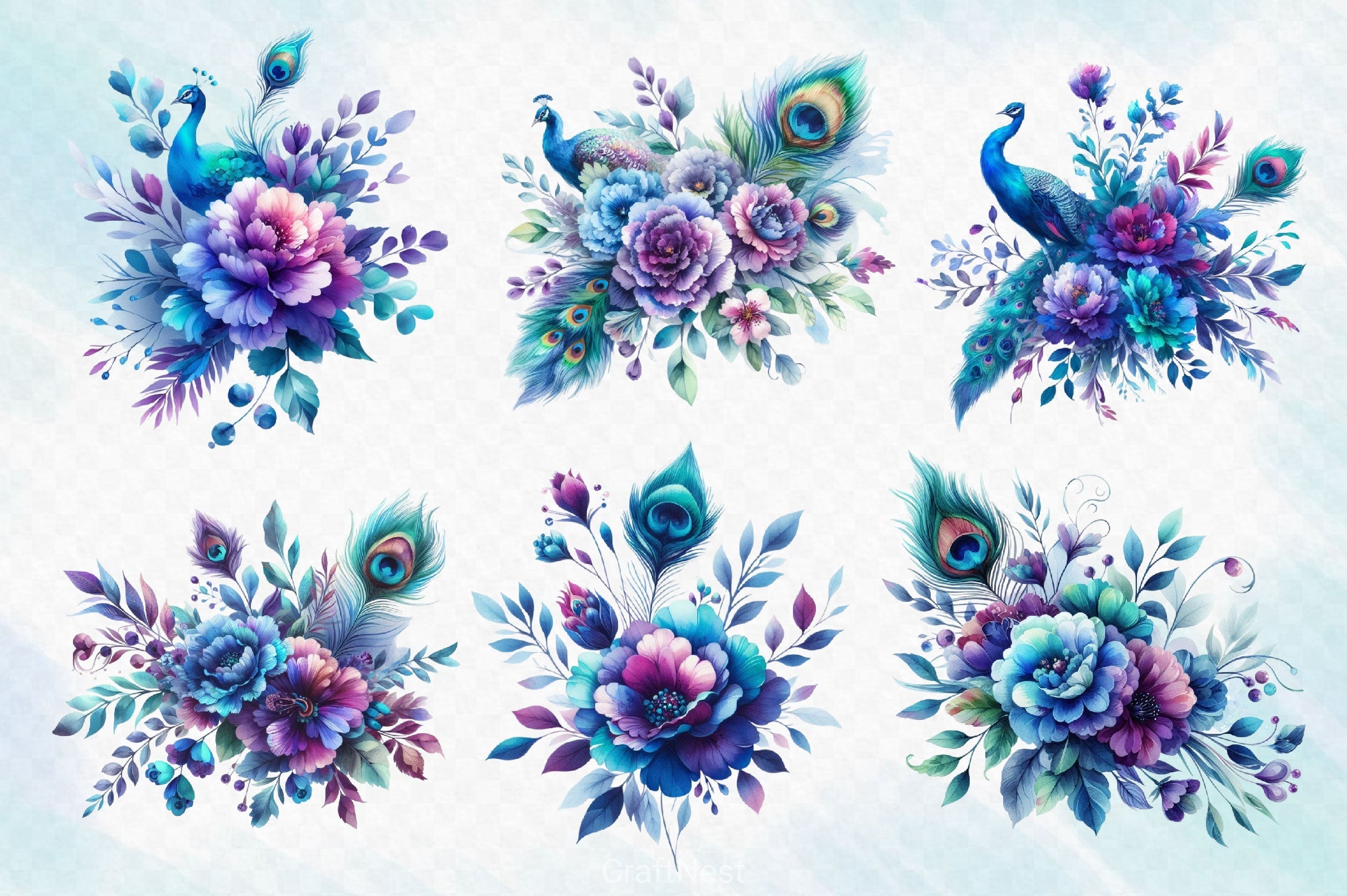 Peacock Bouquets Clipart Bundle