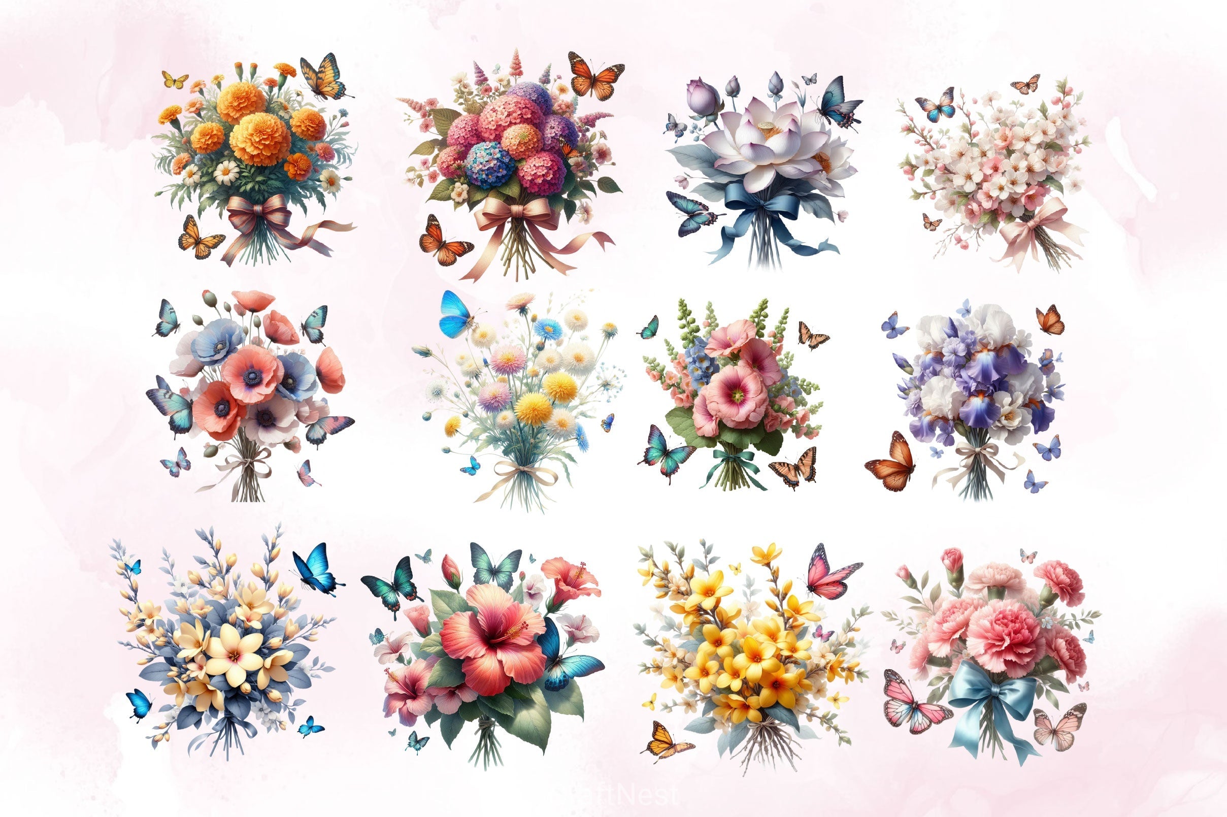 Tied Bouquet Flowers Clipart Bundle
