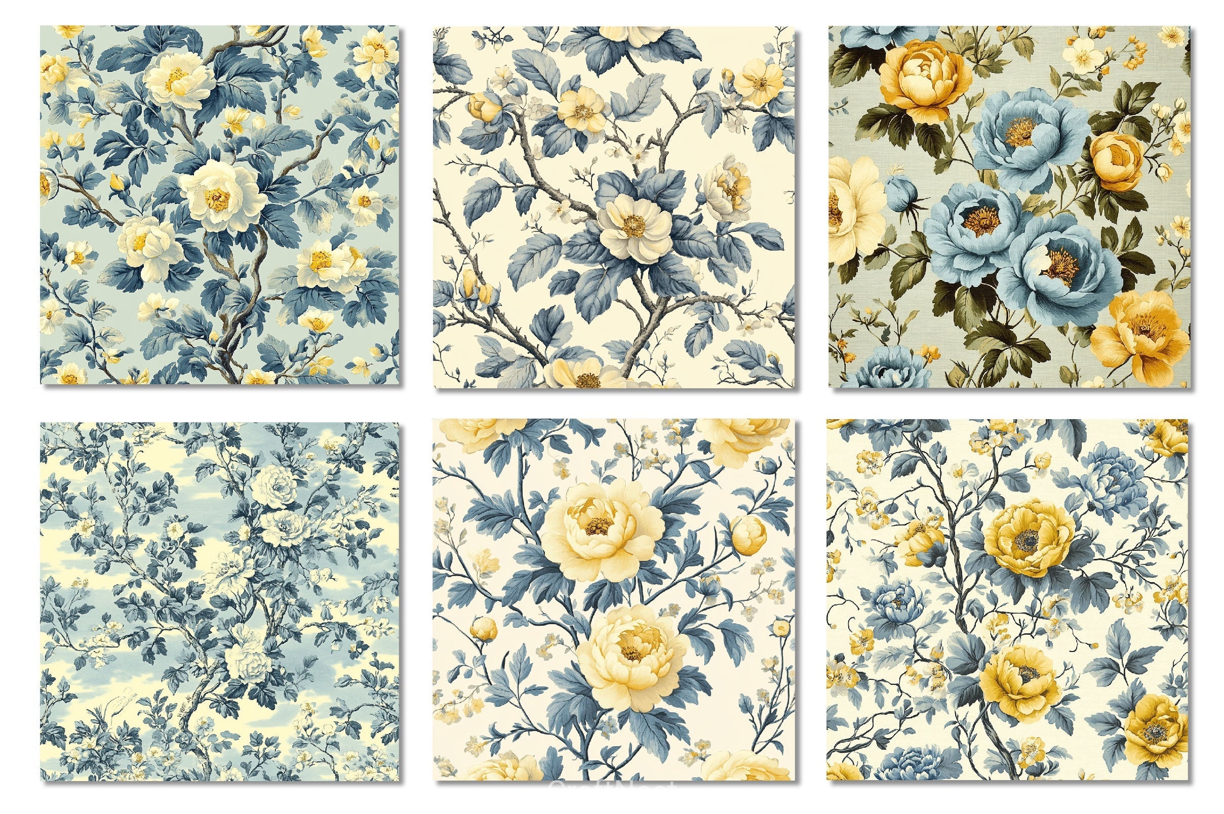 Pale Blue & Yellow Floral Toile Patterns Clipart Bundle