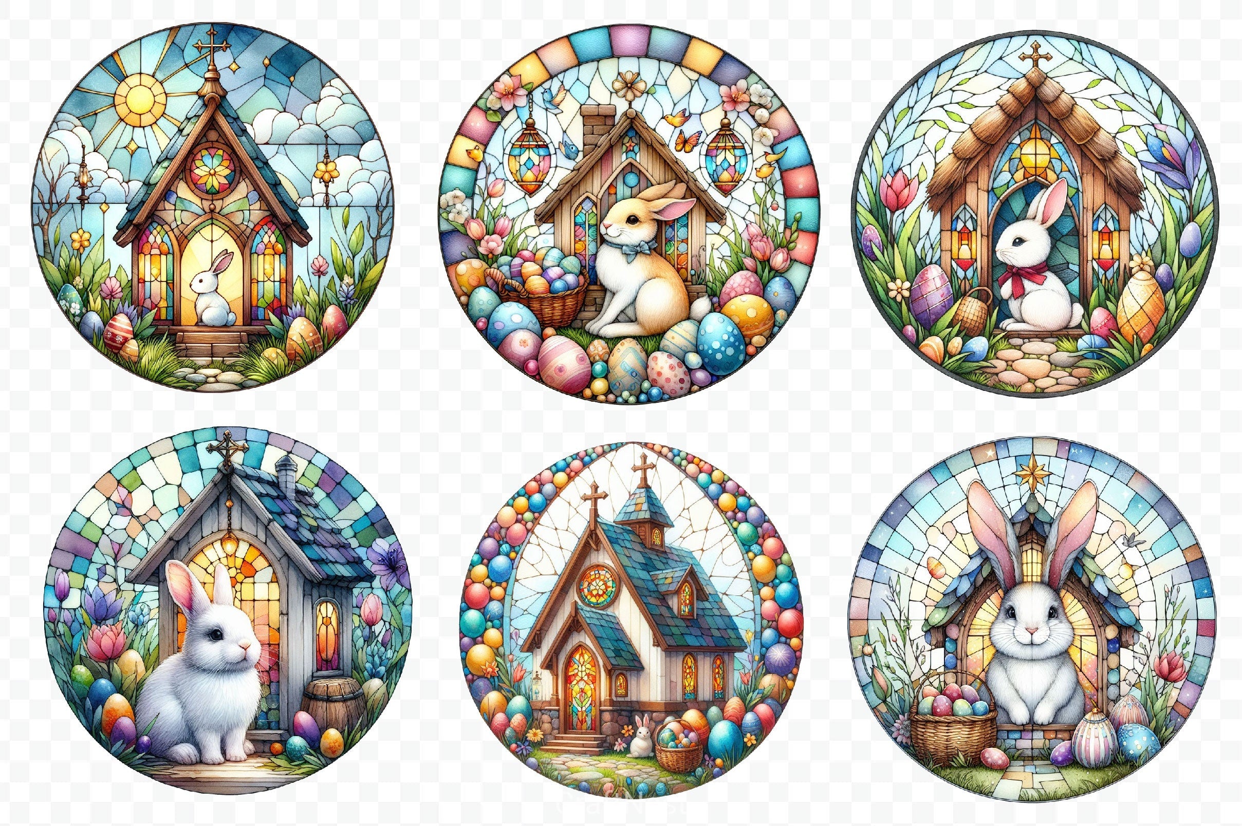Round Stained Glass Easter Clipart Bundle