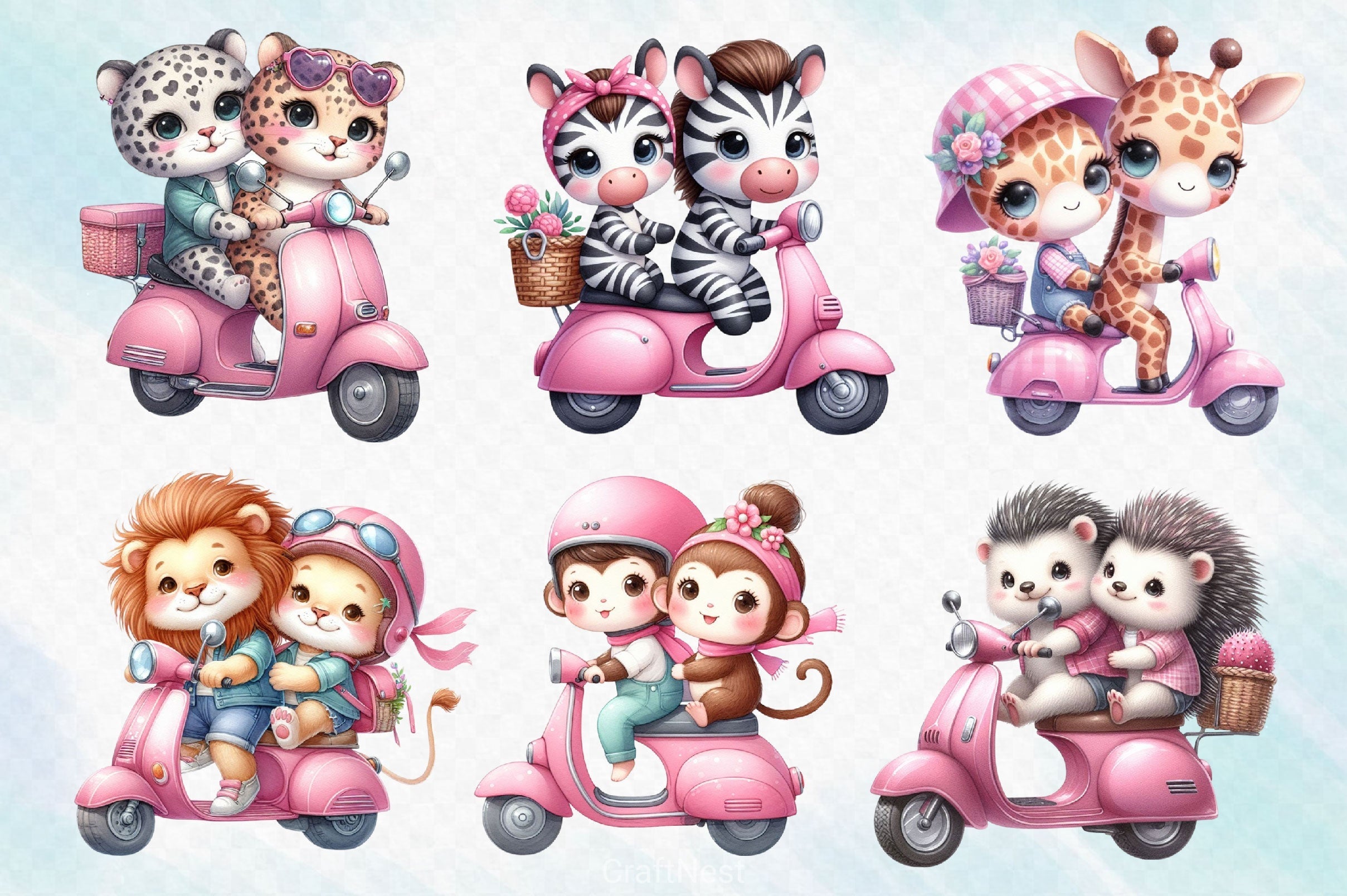 Animal Friends Ride A Scooter Clipart Bundle