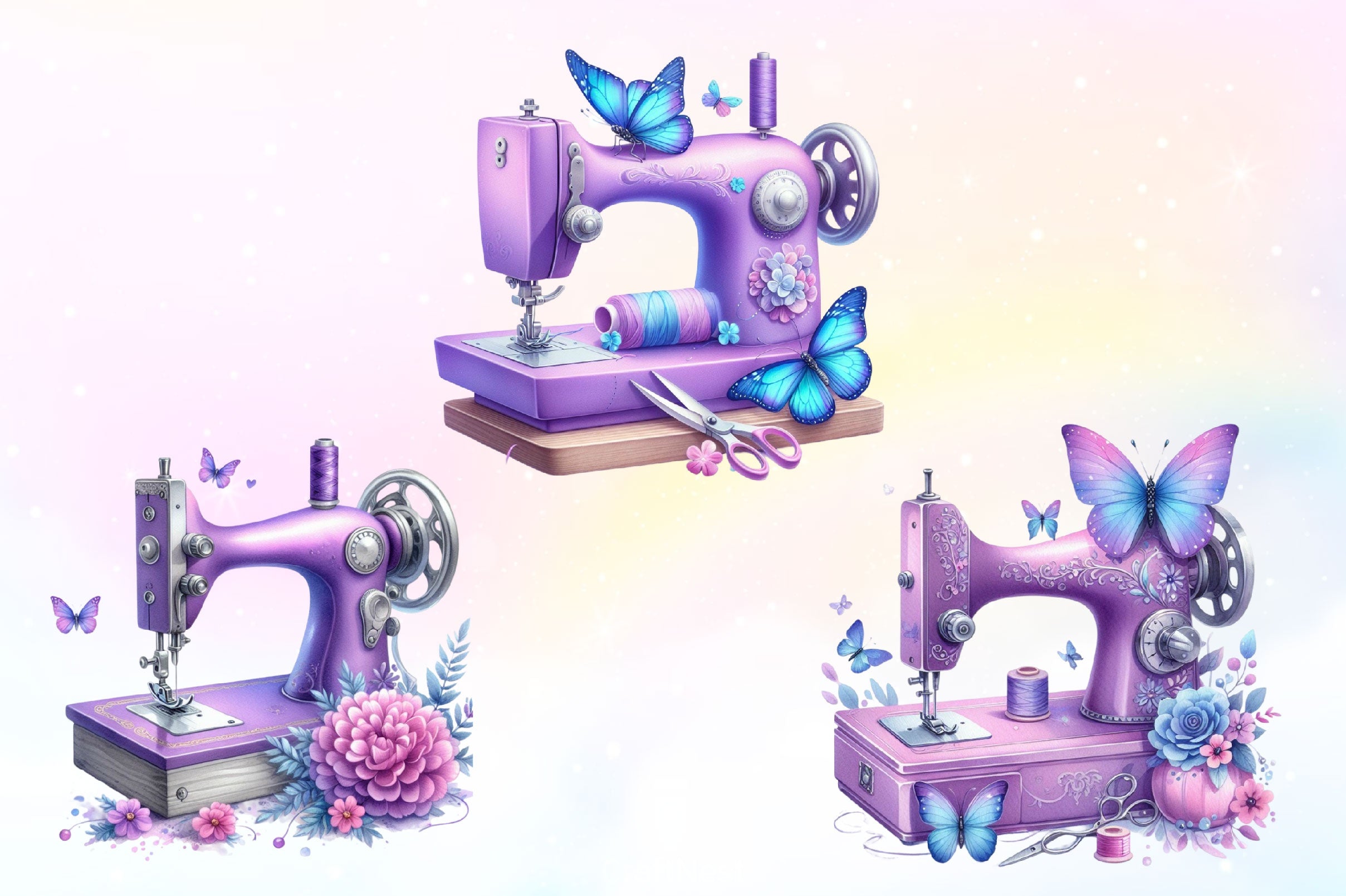 Pastel Sewing Machine Butterfly Clipart Bundle 2