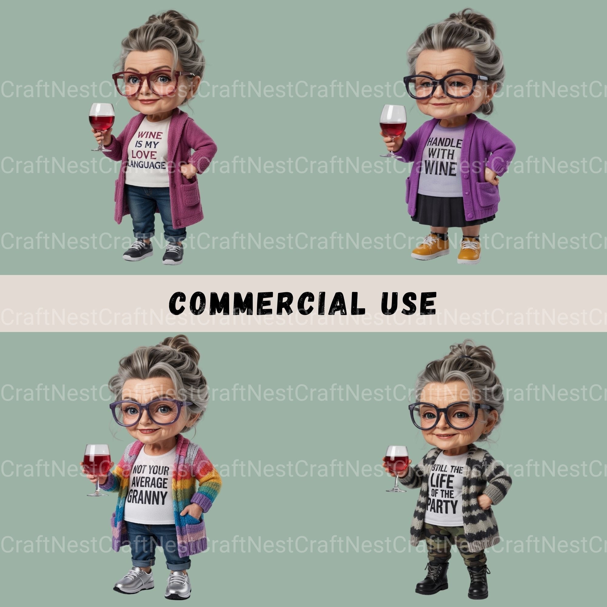 Wine Drinking Granny Clipart Bundle