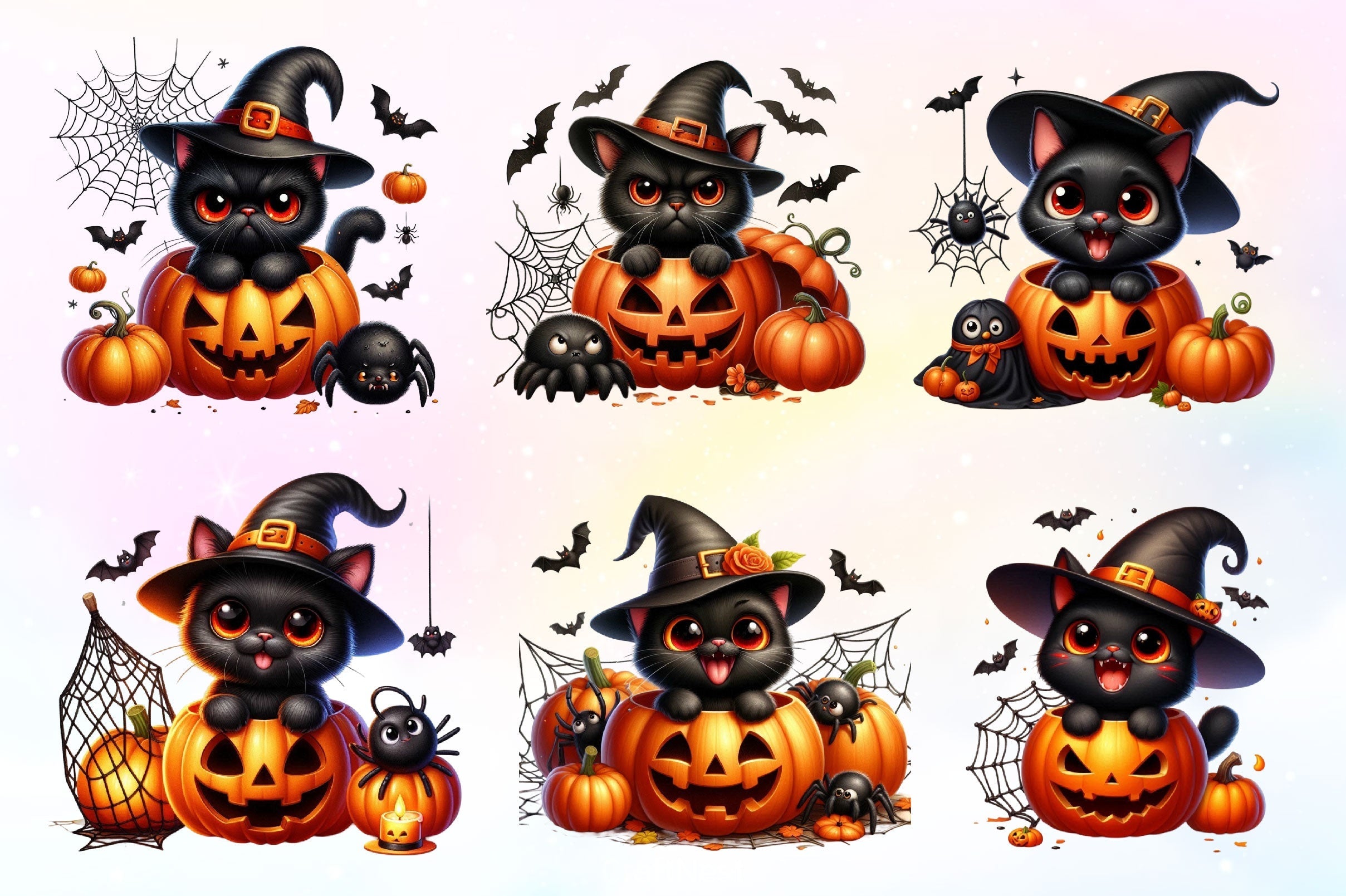 Cute Black Cat Halloween Clipart Bundle