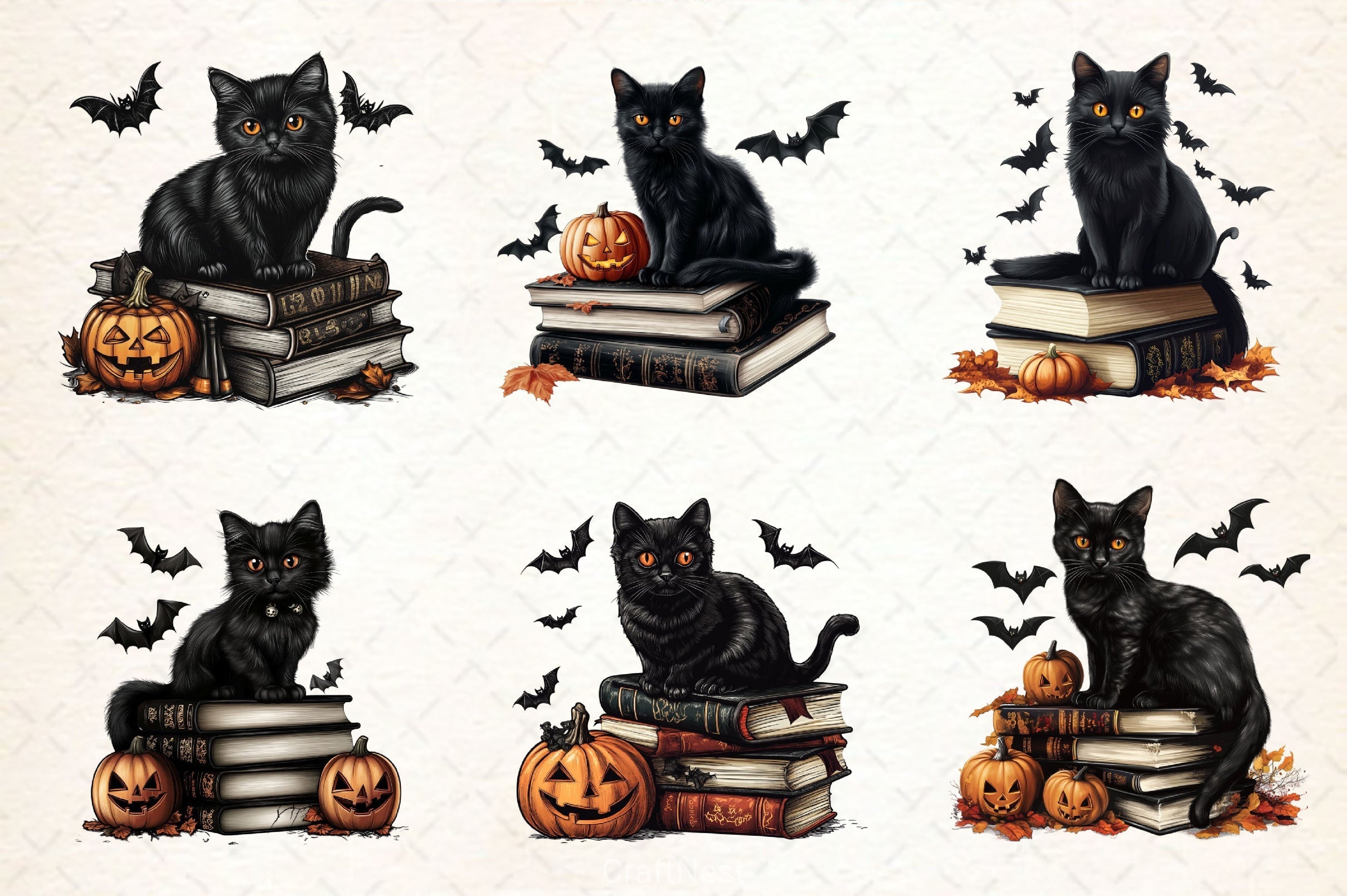 Halloween Black Cat On Books Clipart Bundle 2