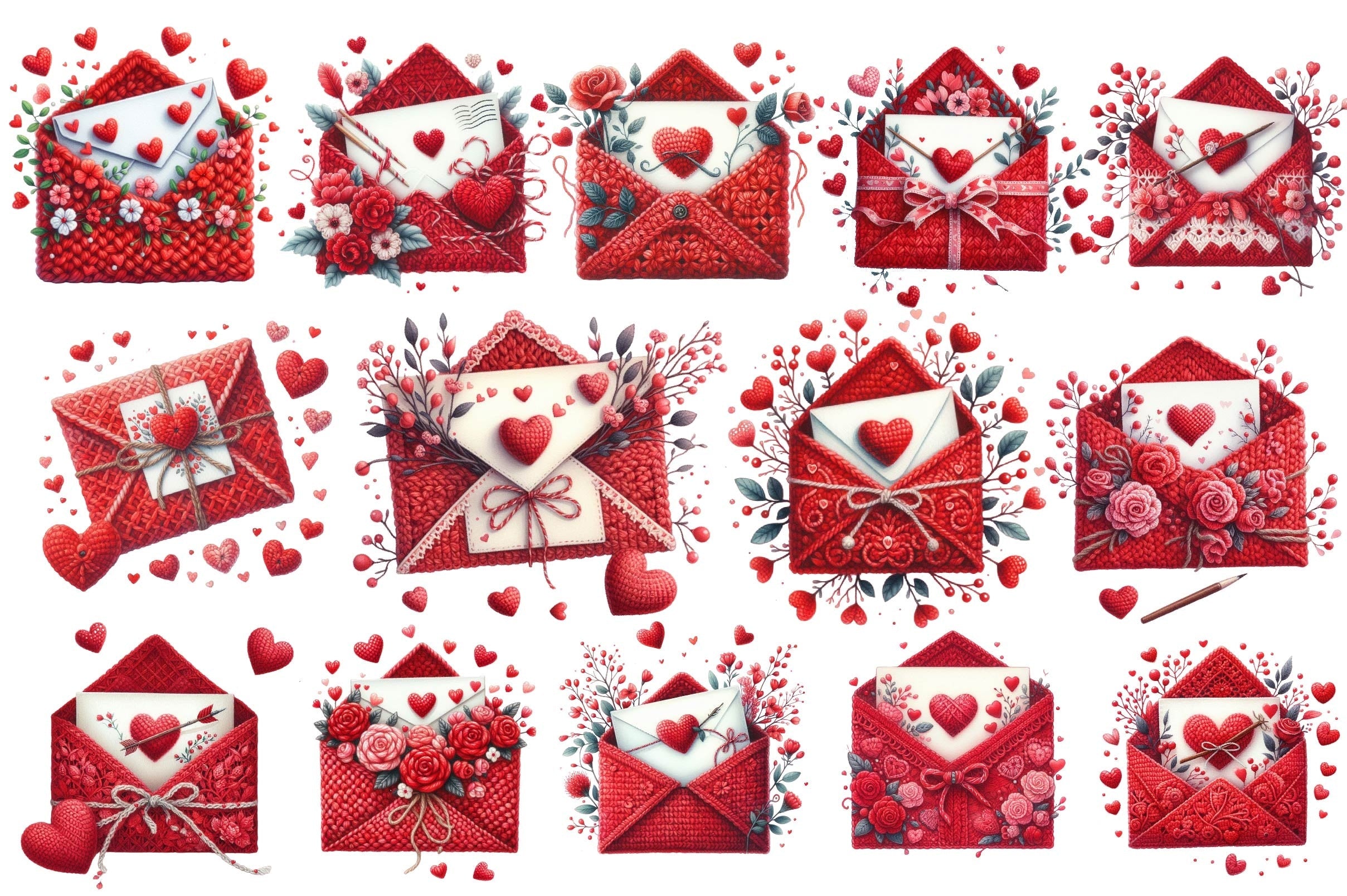 Red Valentine Crochet Envelopes Clipart Bundle