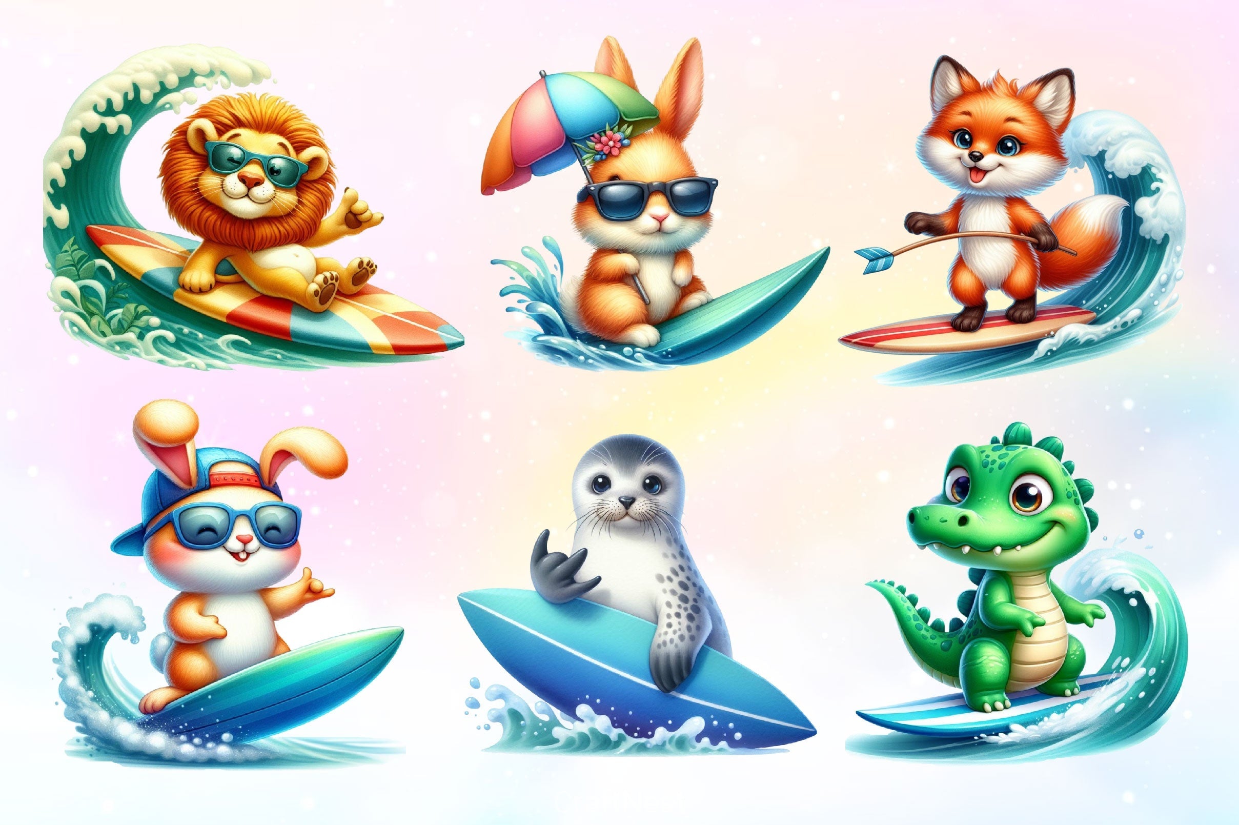Animals Surfing Clipart Bundle 2
