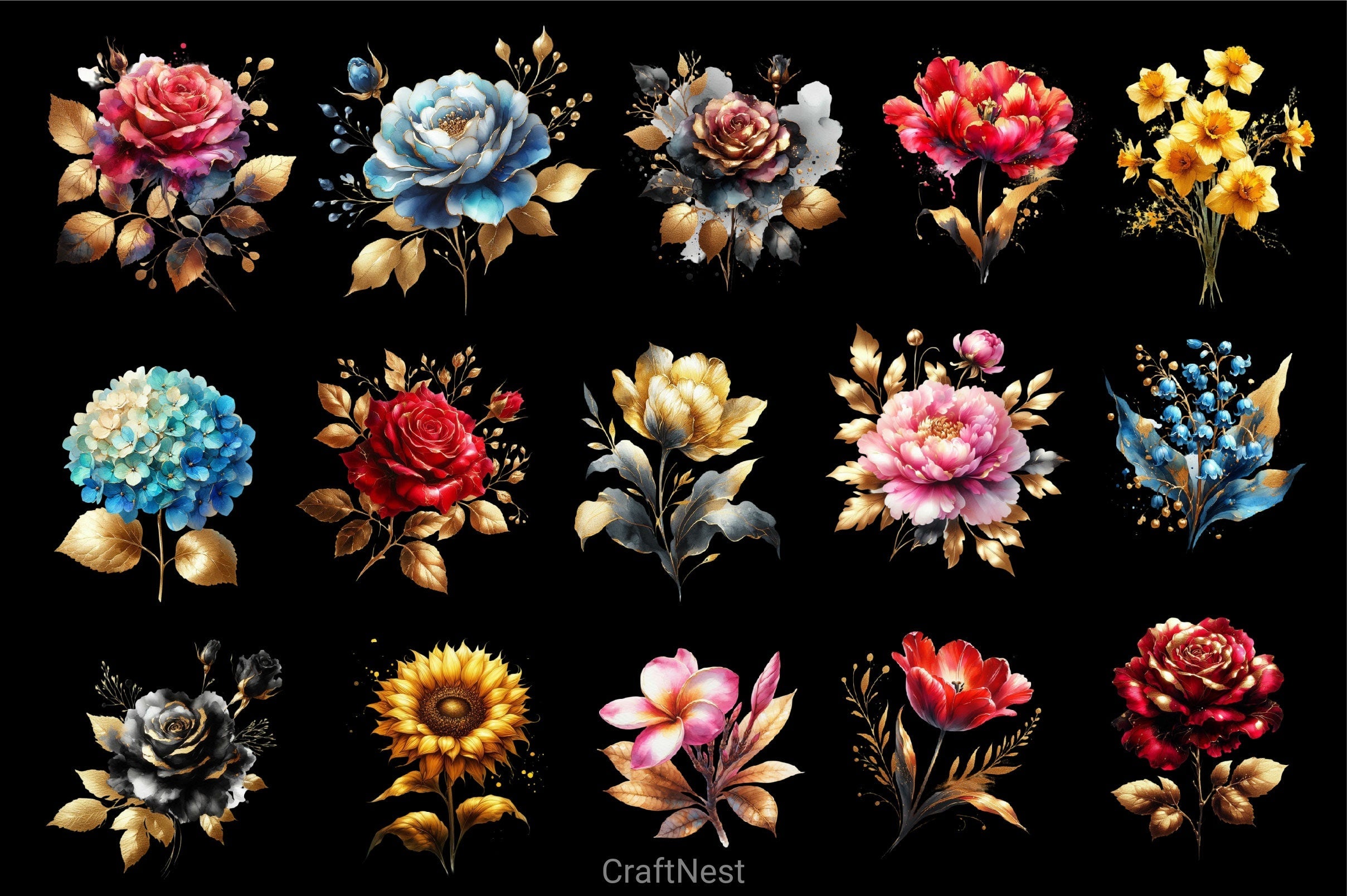 Gold Alcohol Ink Flowers Clipart Bundle
