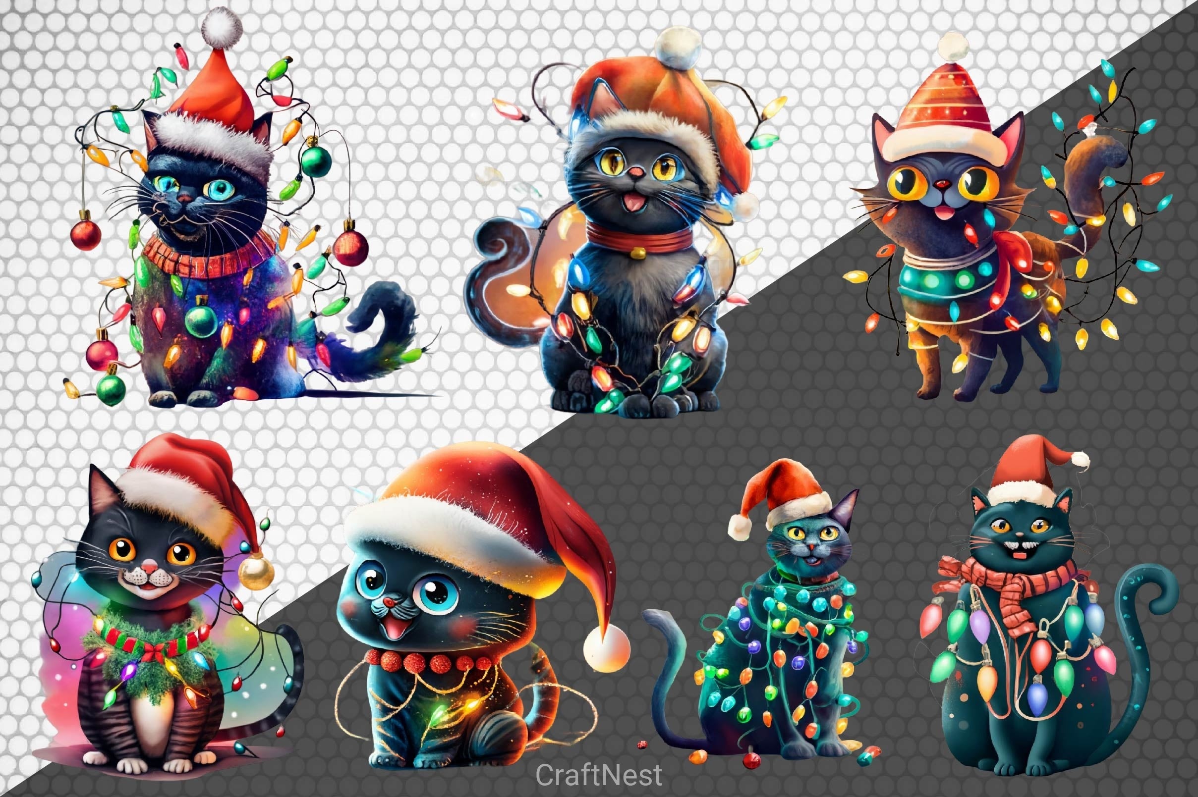 Black Cat Christmas Lights Clipart Bundle