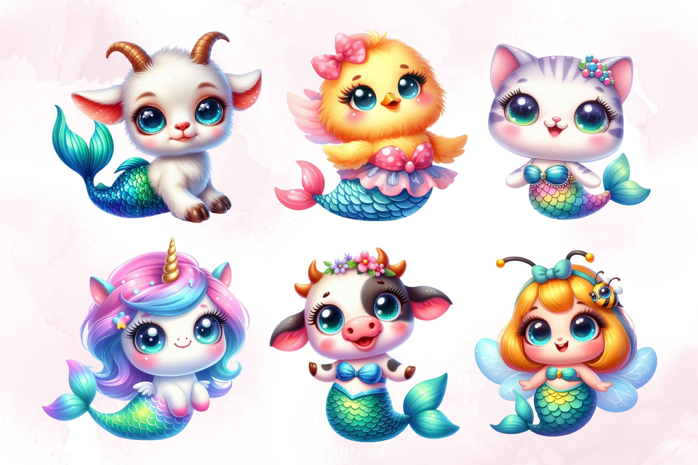 Cute Animals Mermaid Clipart Bundle