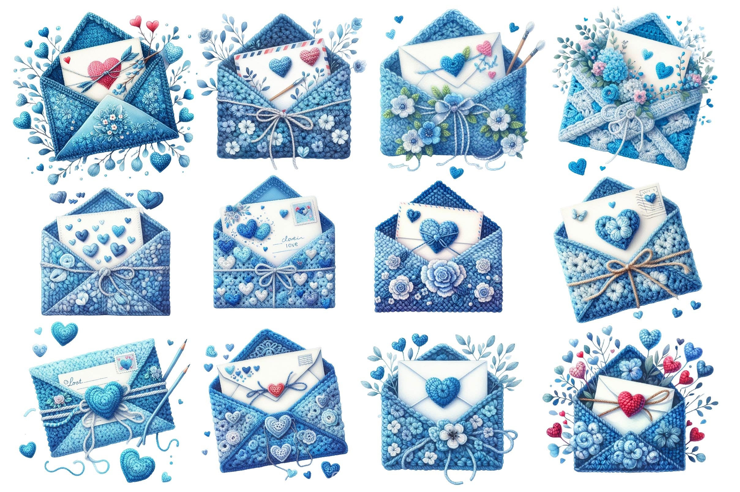 Blue Valentine Crochet Envelopes Clipart Bundle