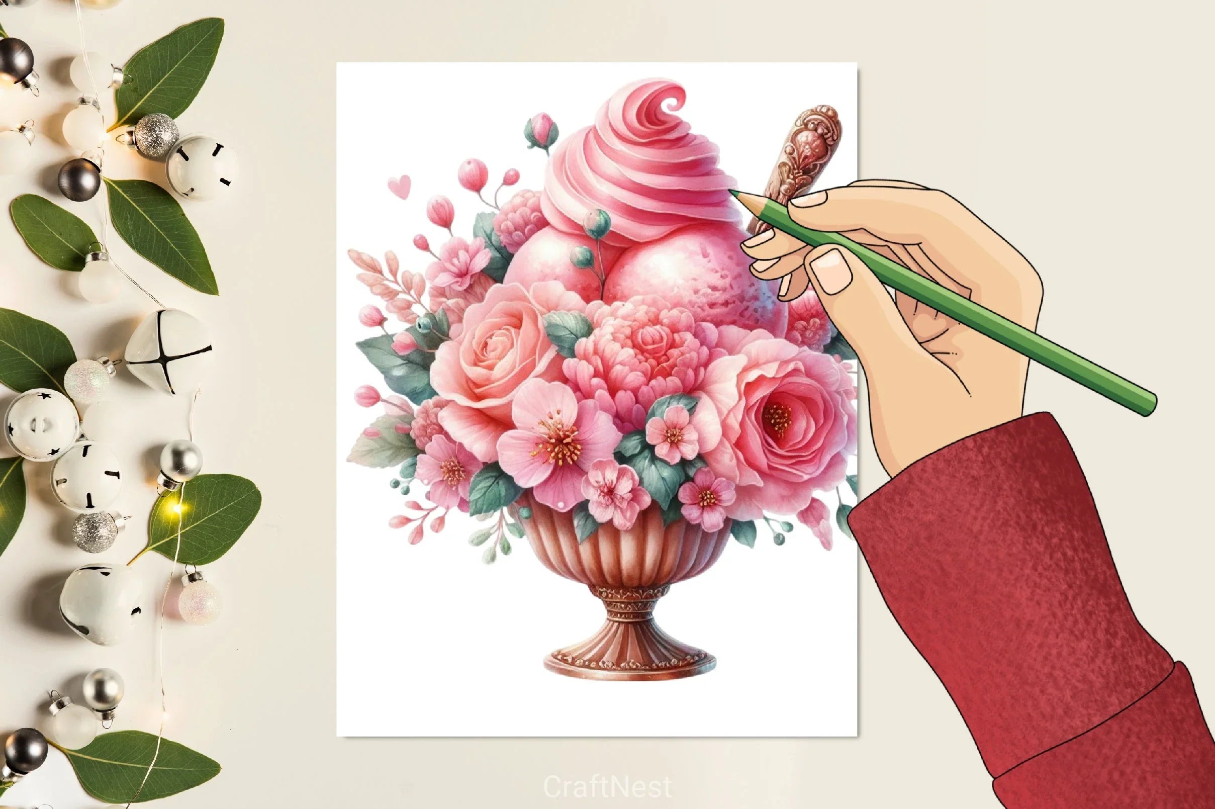 Pink Floral Ice Cream Clipart Bundle 1 - CraftNest - Digital Crafting and Art