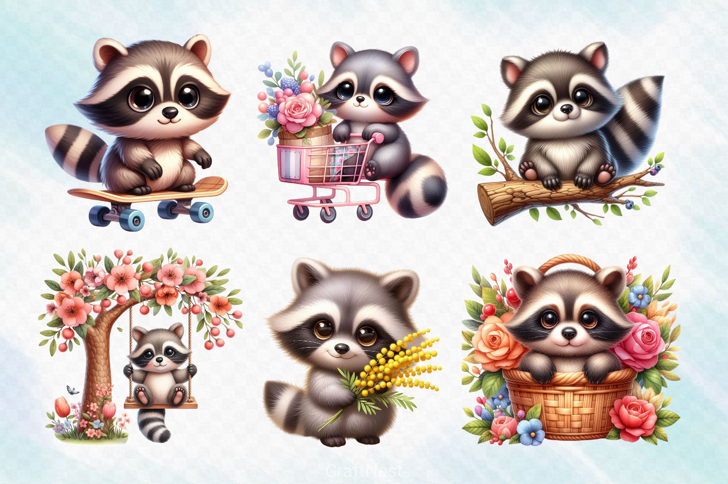 Cute Raccoon Clipart Bundle 2