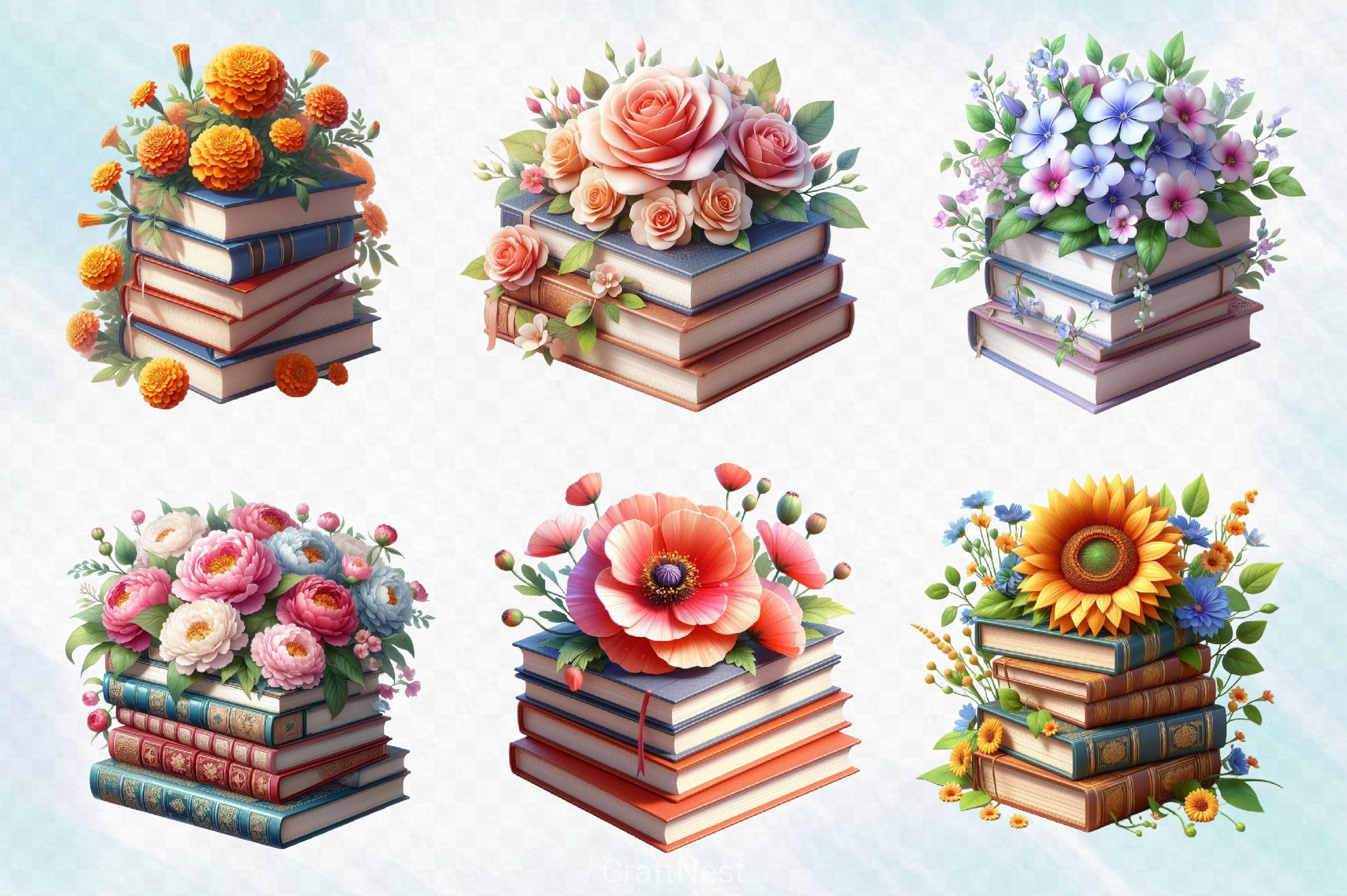 Spring Flower Book Stack Clipart Bundle 2
