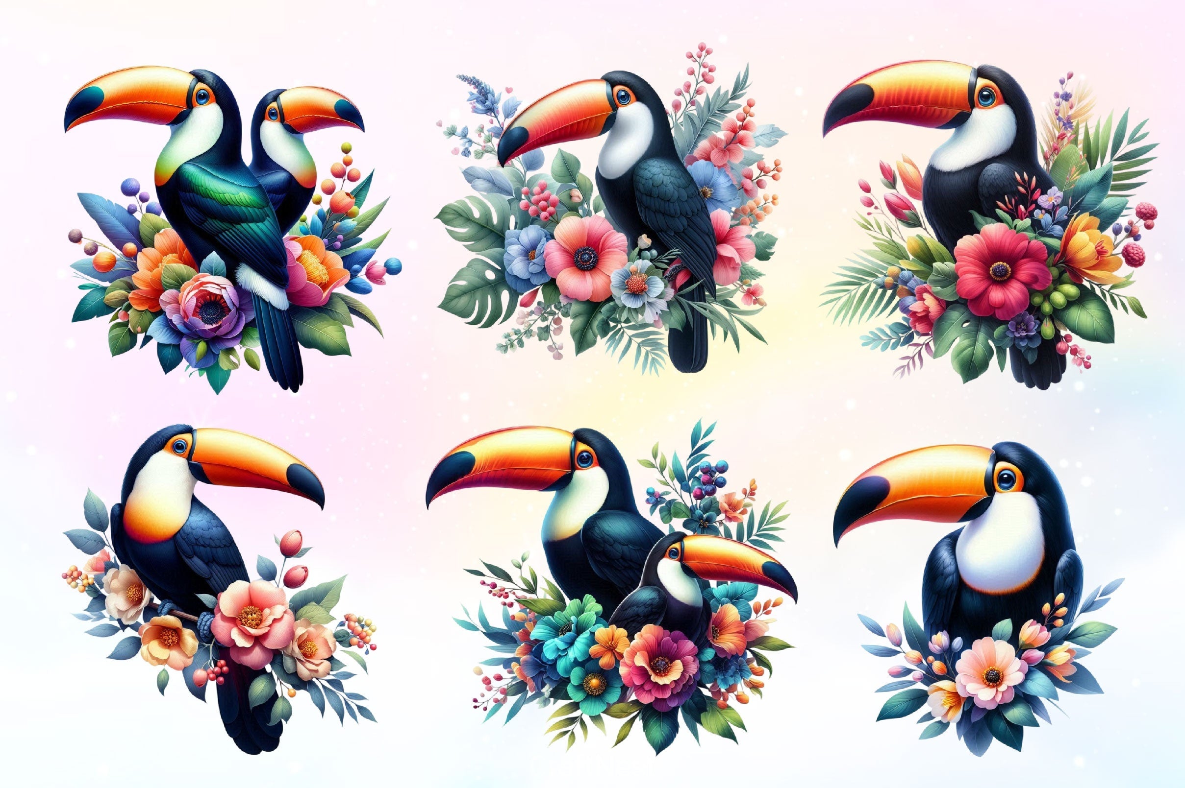 Floral Toucans Clipart Bundle 2