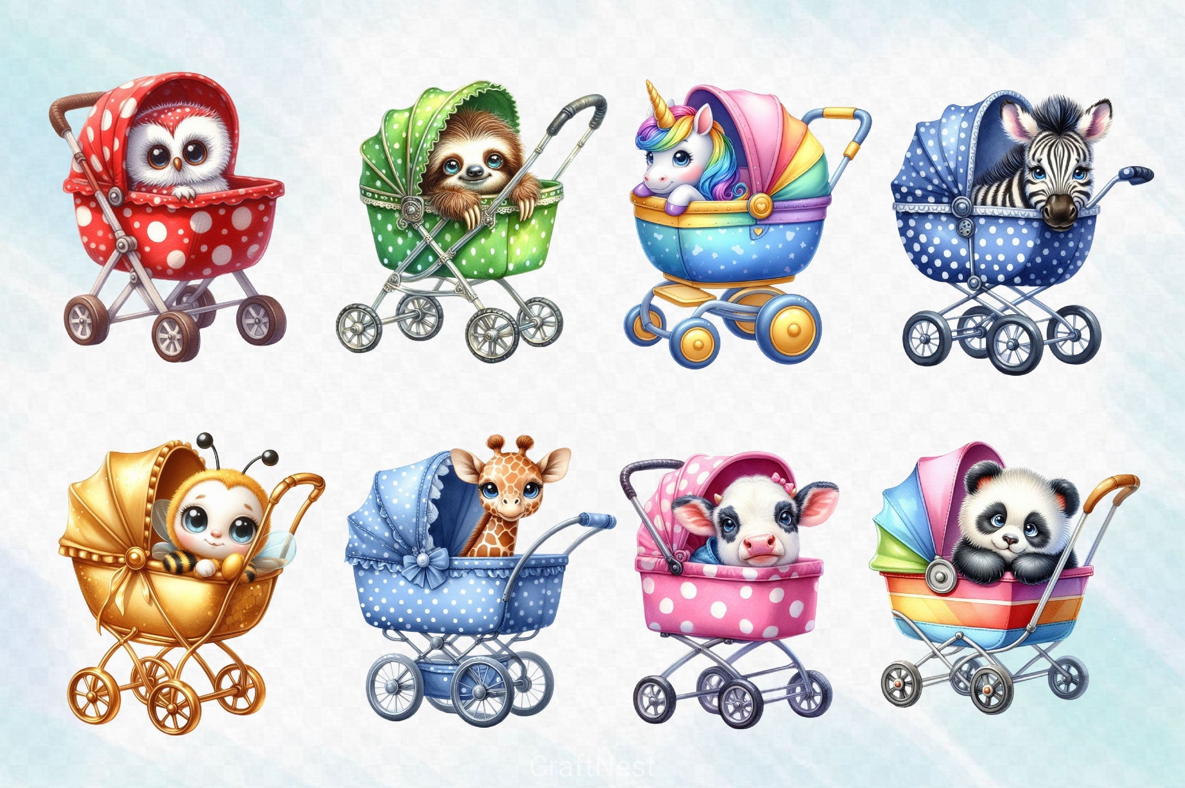 Peeking Baby Animals In Stroller Clipart Bundle