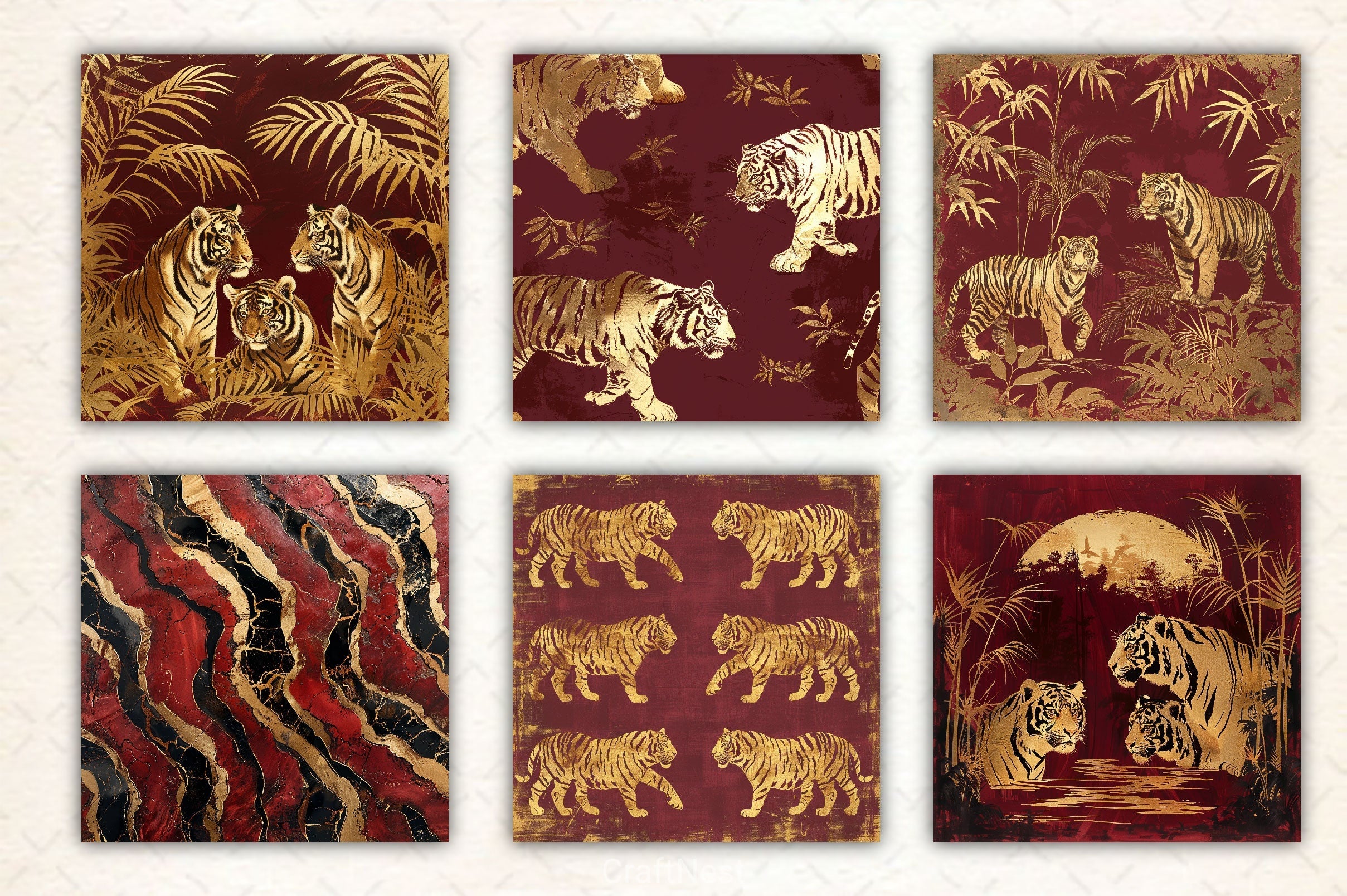Burgundy And Gold Tiger Digital Paper