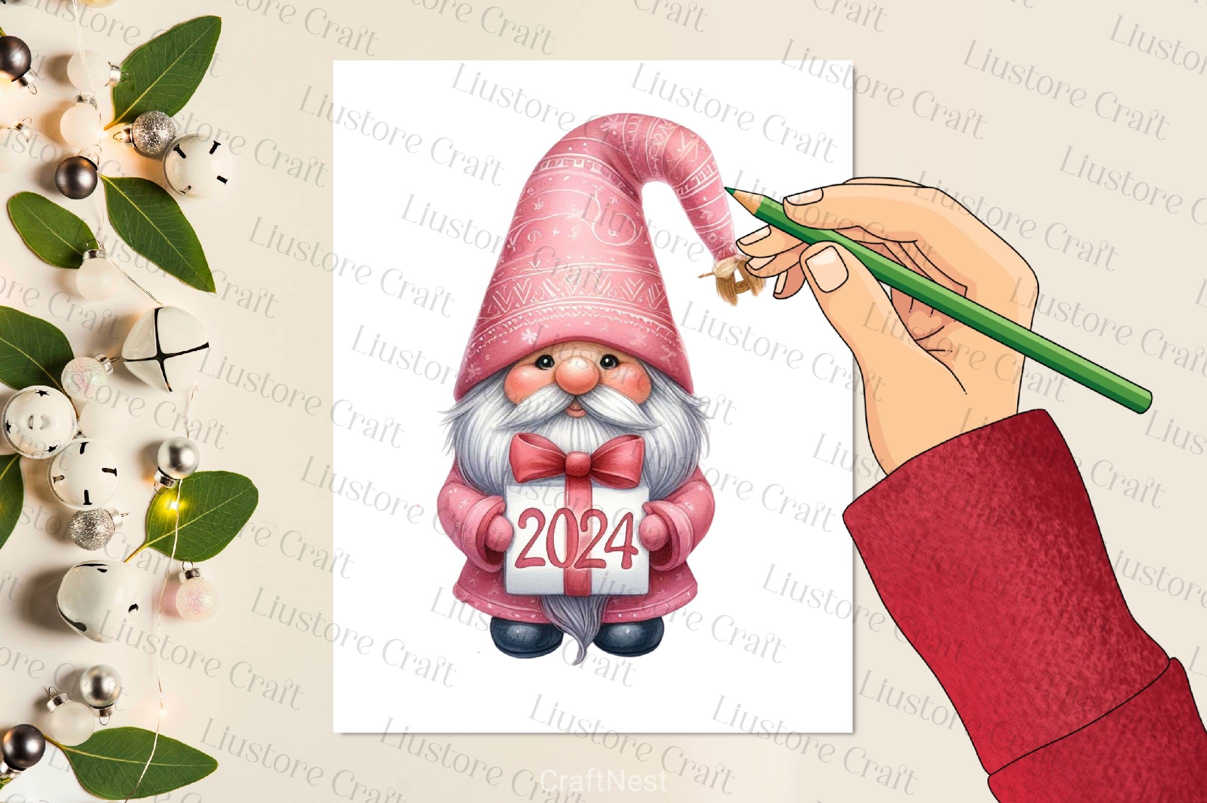 Pink New Year Gnome Clipart Bundle