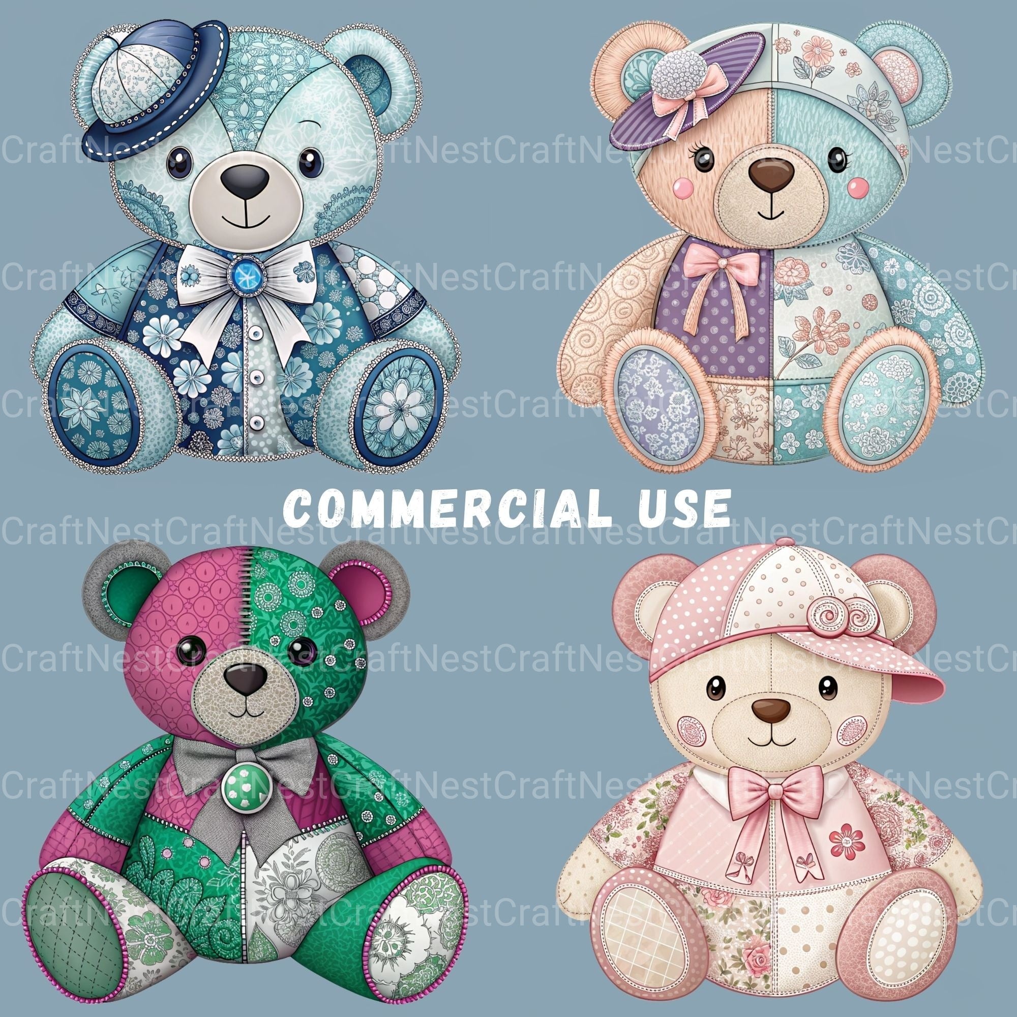 Patchwork Bears Clipart Bundle