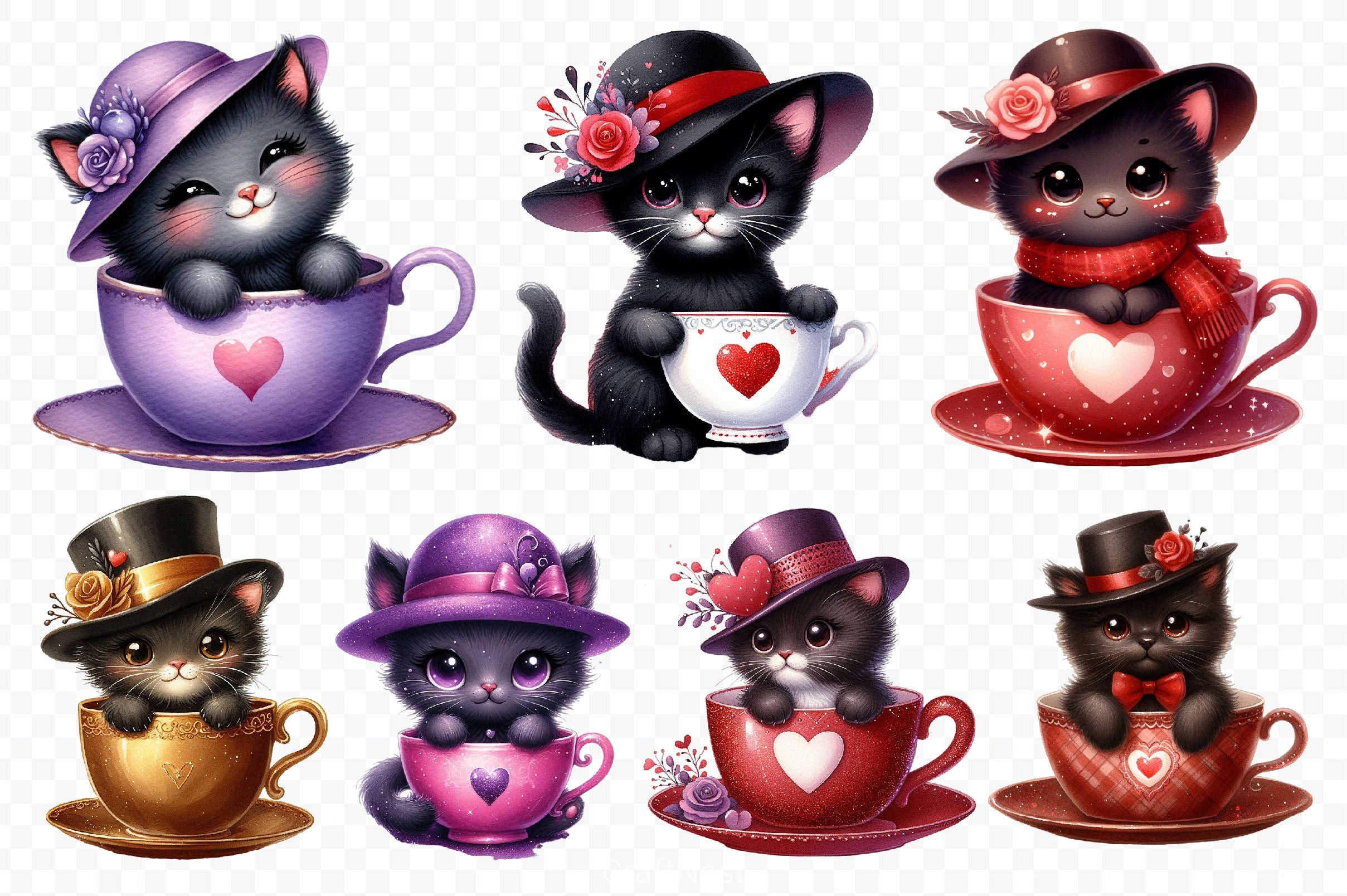 Valentine Teacup Kitten Clipart Bundle