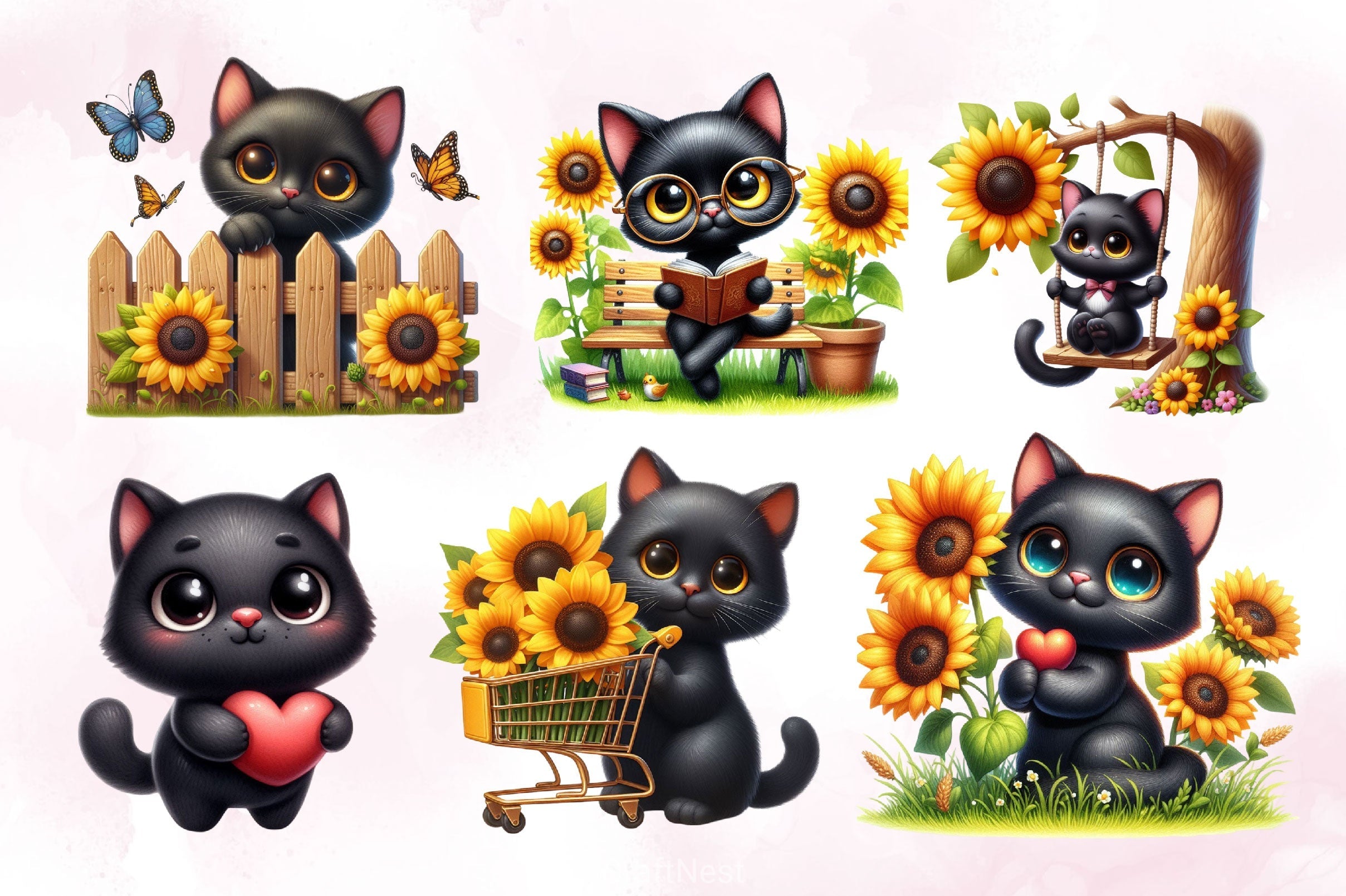 Cute Black Cat With Sunflower Clipart Bundle