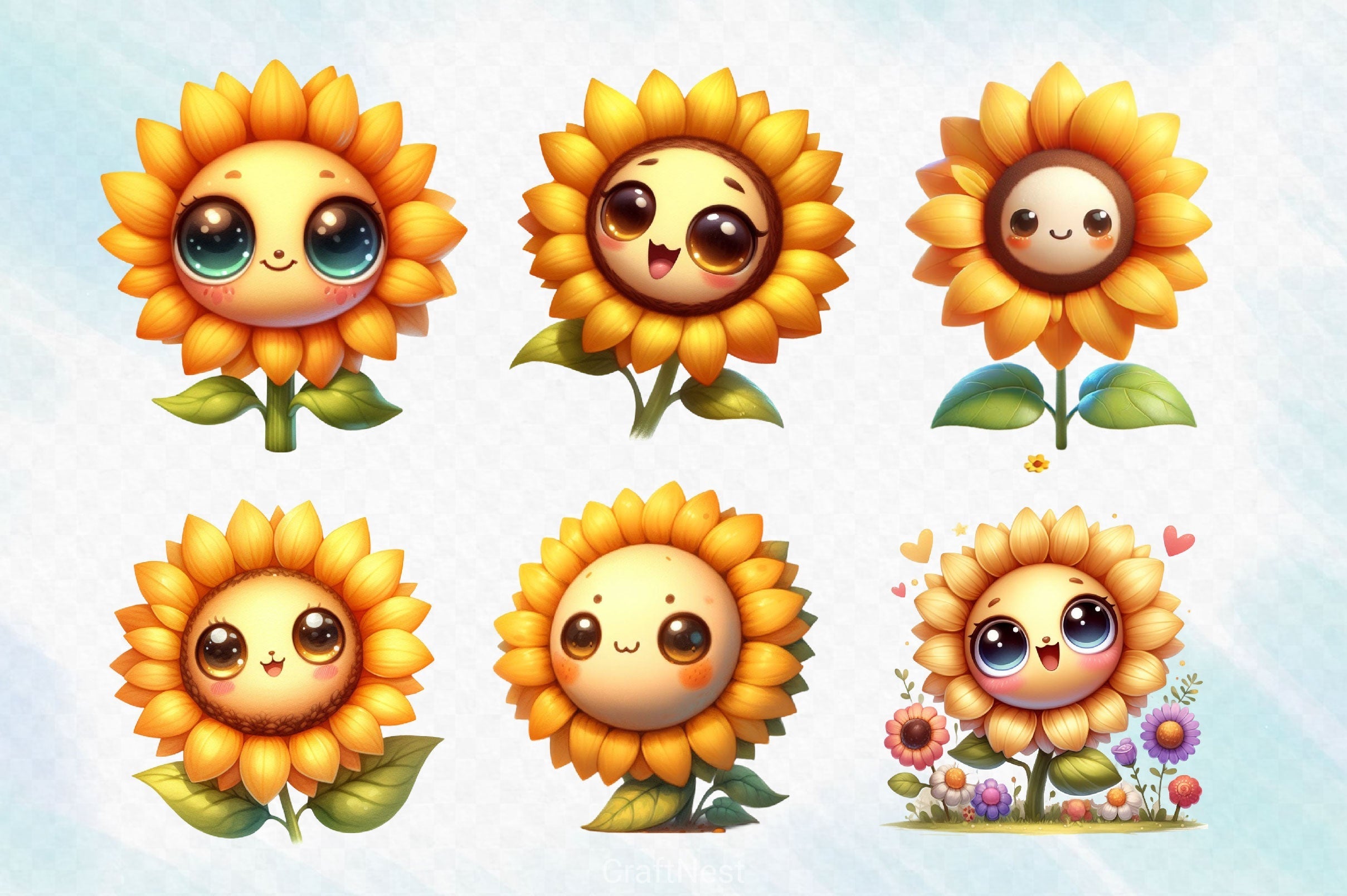 Cute Kawaii Sunflower Clipart Bundle 4